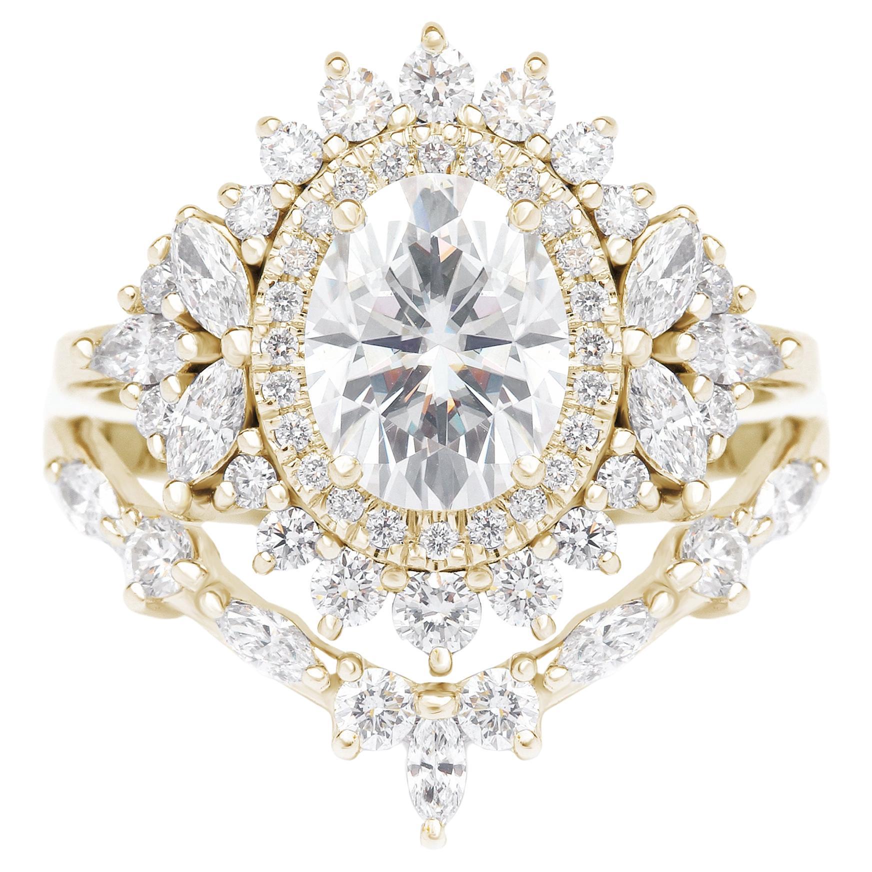 Ensemble de deux bagues de fiançailles à double halo en diamant ovale de 1,50 carat, Monaco