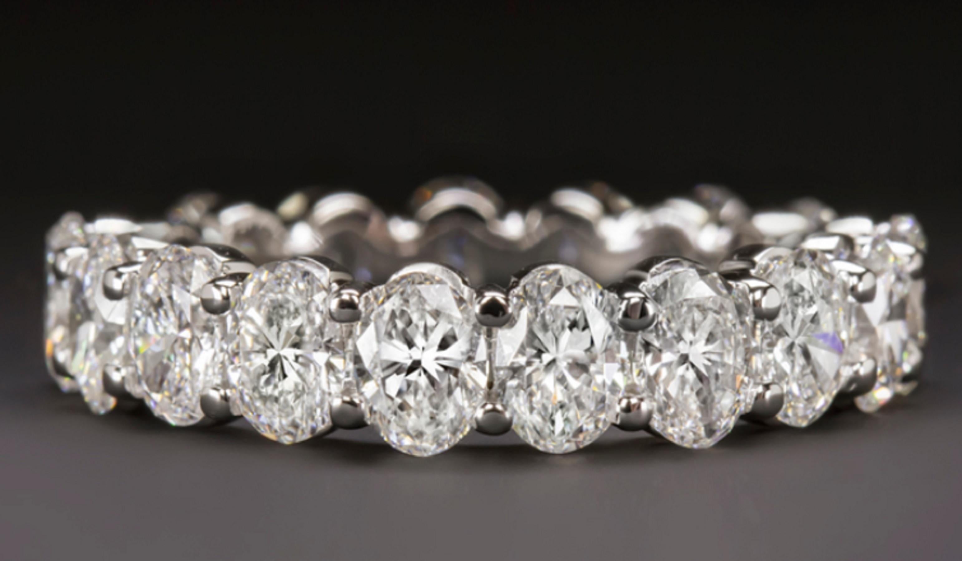 Eternity ring features approximately 3.60 carat of vibrant oval cut diamonds set in an elegantly simple modern band. High quality, perfectly matched, and substantially sized diamonds cover the full diameter of the ring in dazzling sparkle. Bright