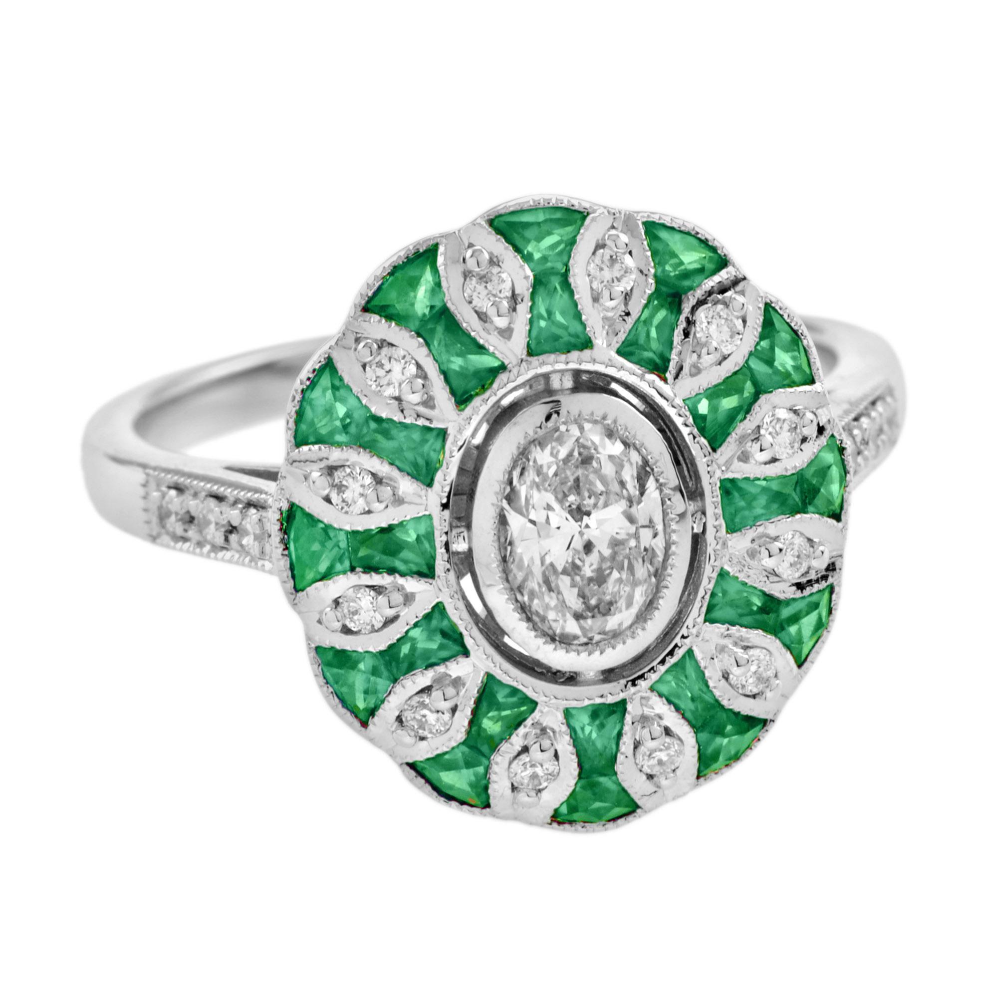 Oval Cut Oval Diamond and Emerald Art Deco Style Floral Engagement Ring in 18k White Gold For Sale