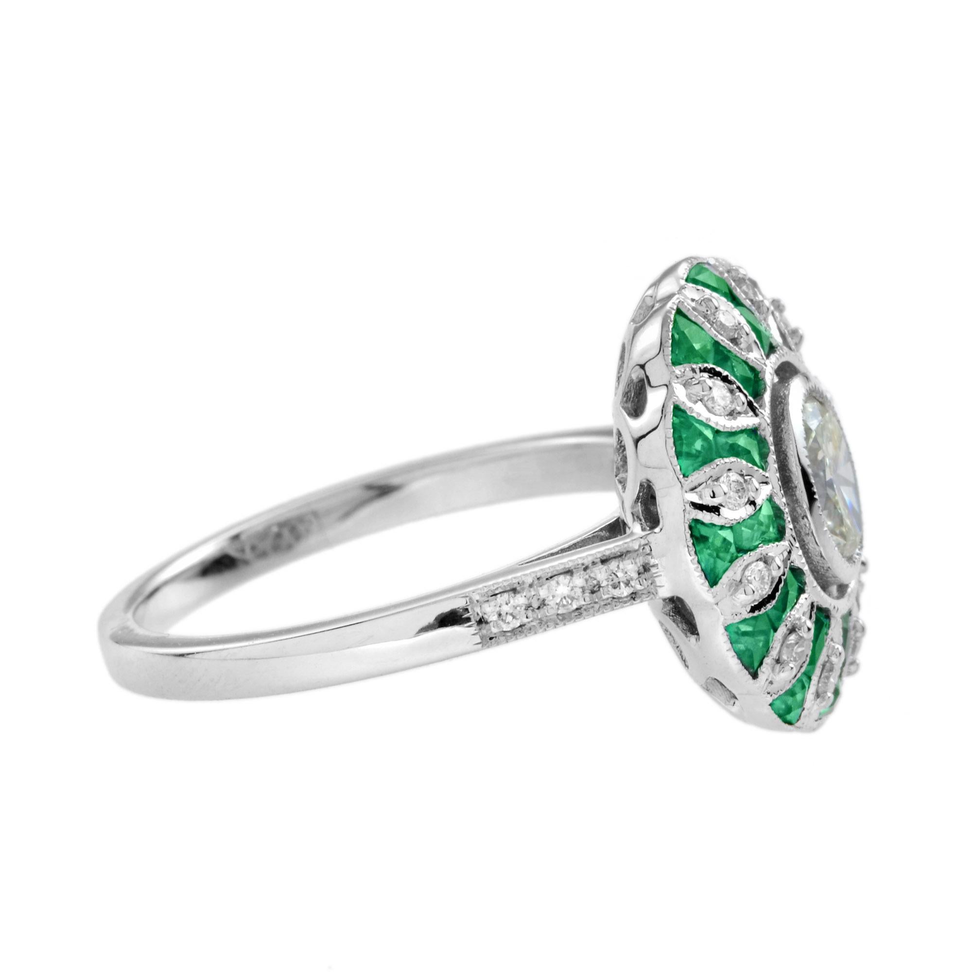 Oval Diamond and Emerald Art Deco Style Floral Engagement Ring in 18k White Gold In New Condition For Sale In Bangkok, TH