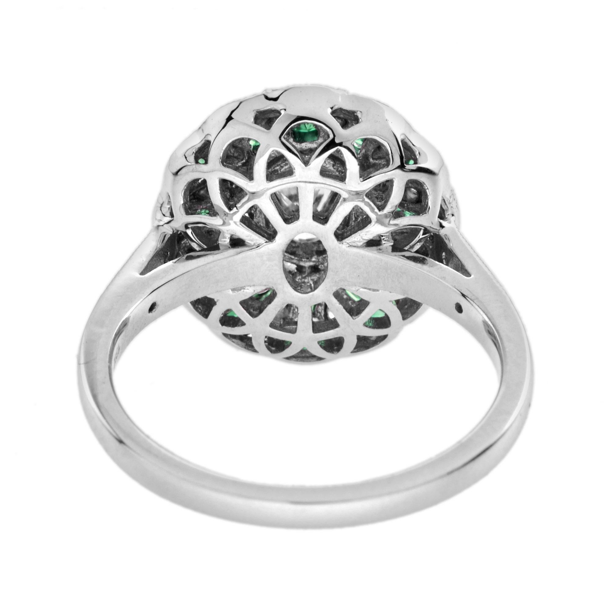Women's Oval Diamond and Emerald Art Deco Style Floral Engagement Ring in 18k White Gold For Sale