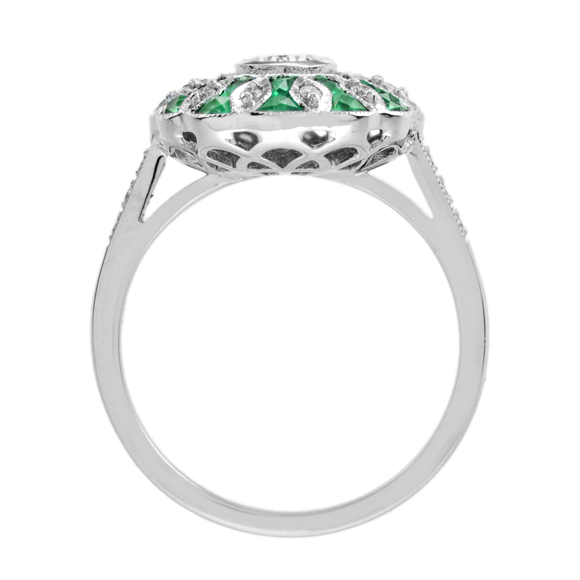 Oval Diamond and Emerald Art Deco Style Floral Engagement Ring in 18k White Gold For Sale 1