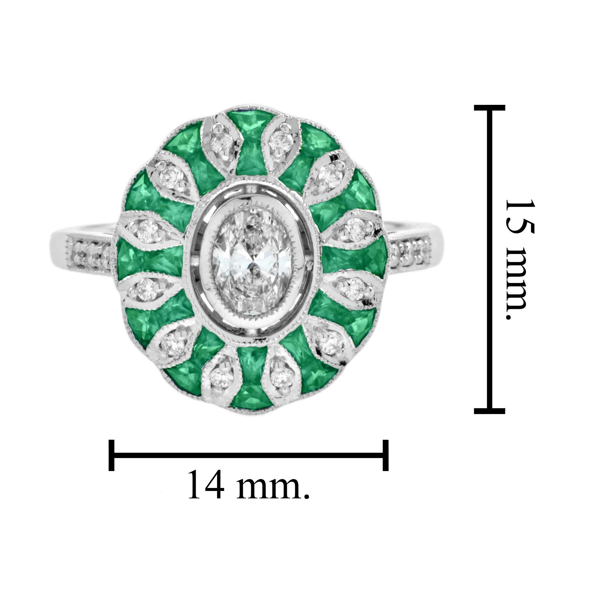 Oval Diamond and Emerald Art Deco Style Floral Engagement Ring in 18k White Gold For Sale 2