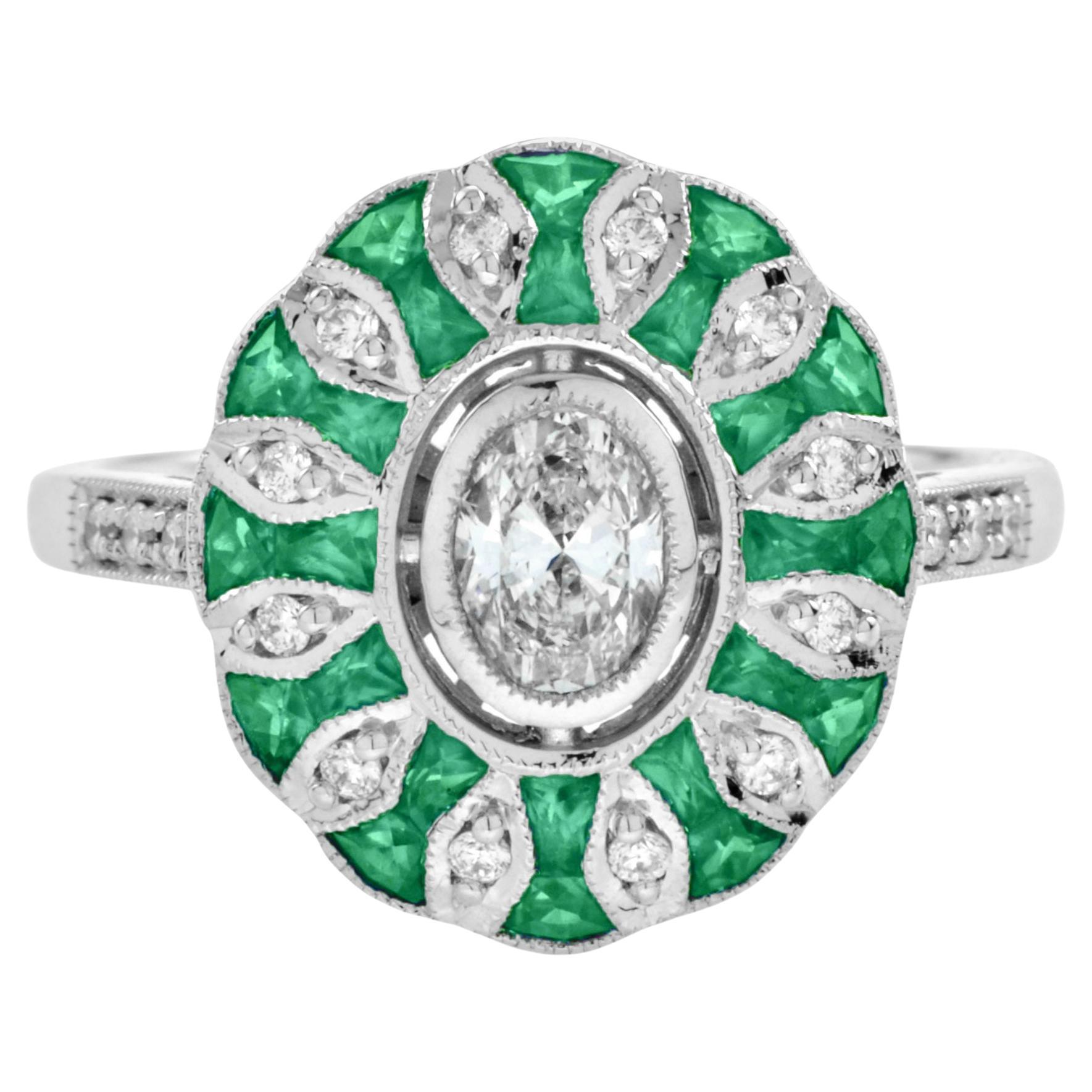 Oval Diamond and Emerald Art Deco Style Floral Engagement Ring in 18k White Gold For Sale