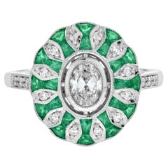 Oval Diamond and Emerald Art Deco Style Floral Engagement Ring in 18k White Gold