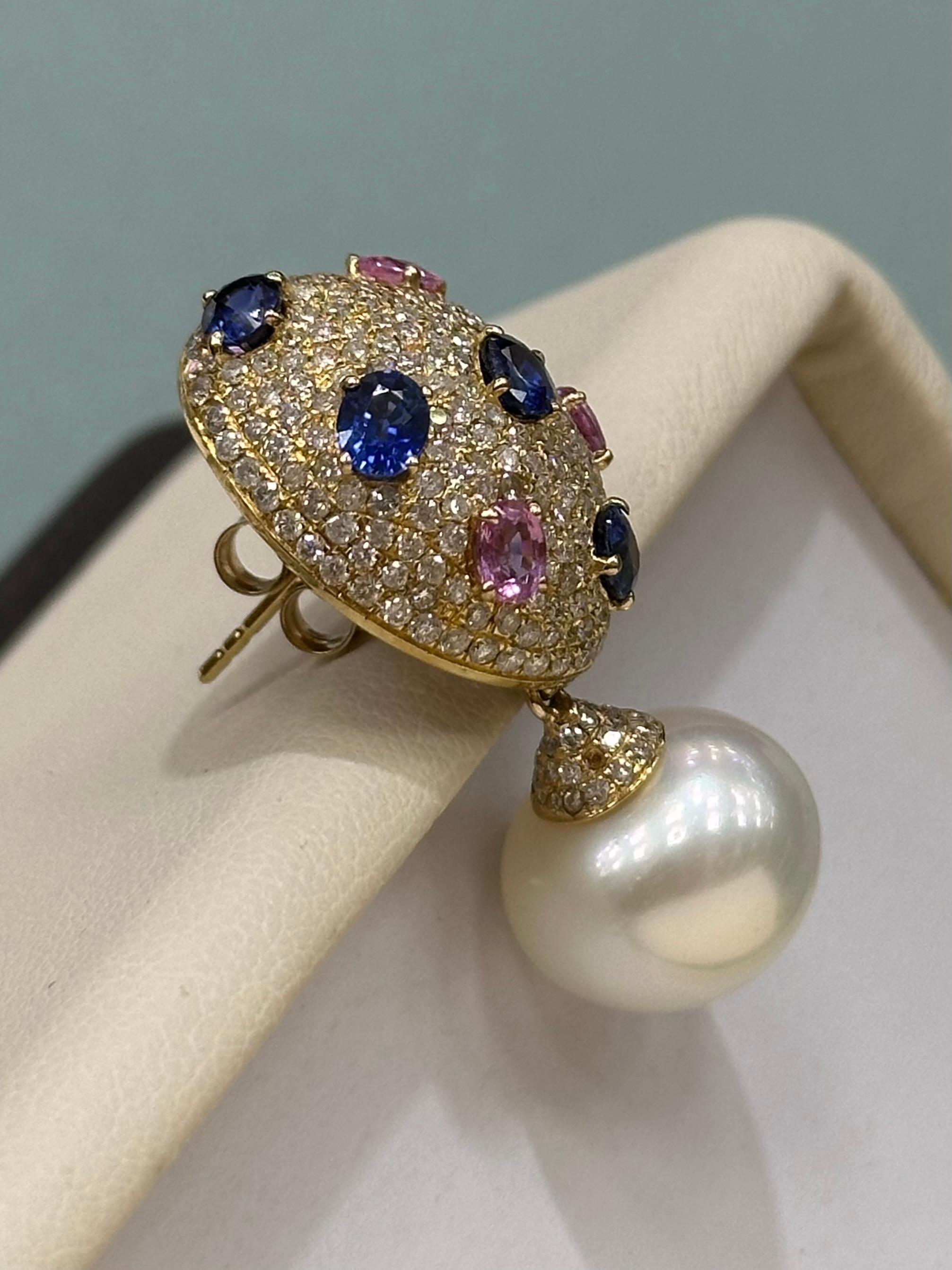 Oval Diamond and Pink and Blue Sapphires Pearl Drop Earrings set in 18k yellow gold with butterfly backing. 

8.50cts total carats of diamonds