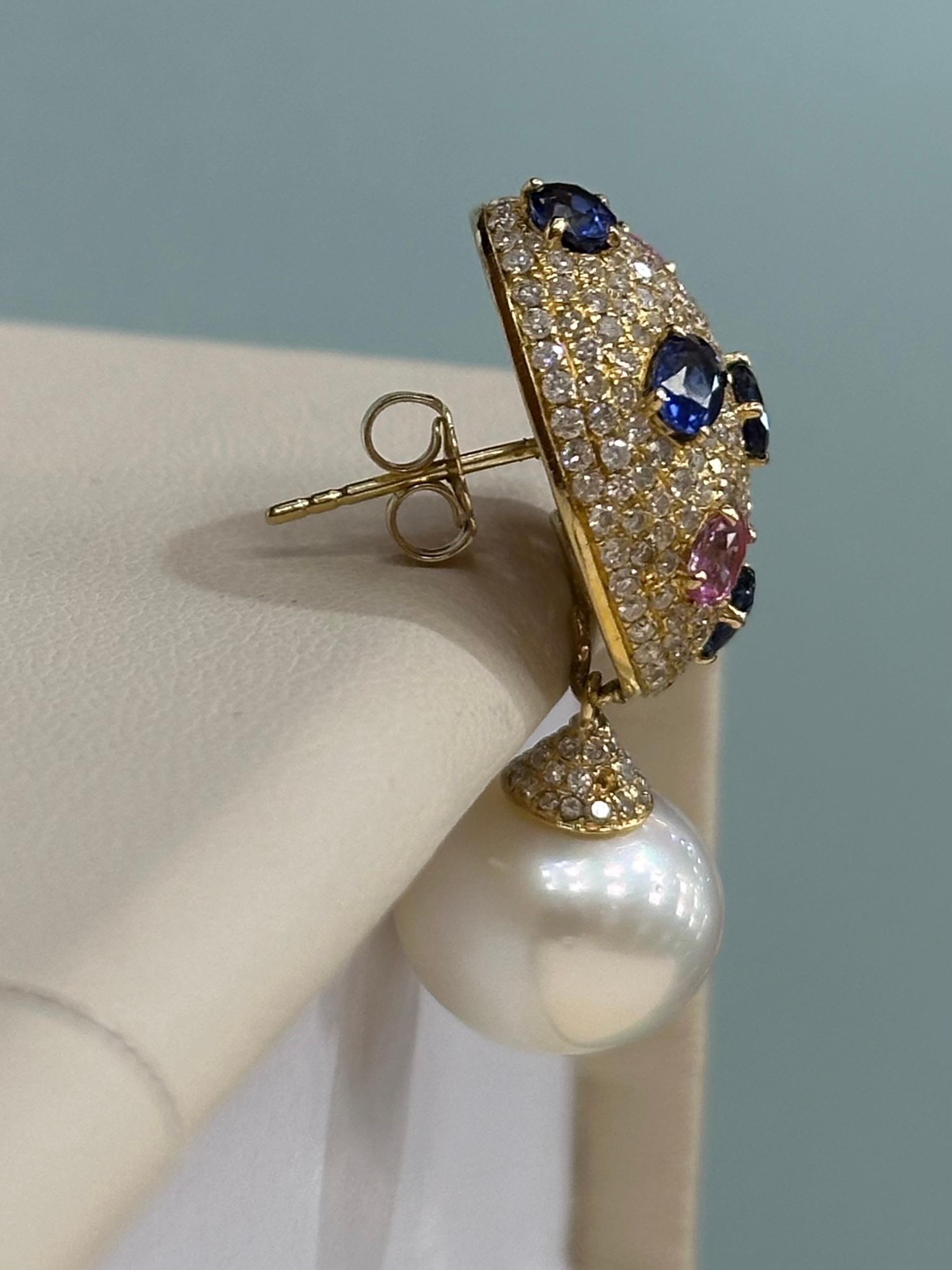 Oval Cut Oval Diamond and Pink and Blue Sapphires Pearl Drop Earrings For Sale