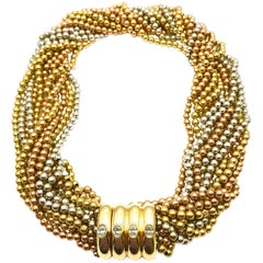 Oval Diamond and Rose White and Yellow Gold Bead Link Necklace