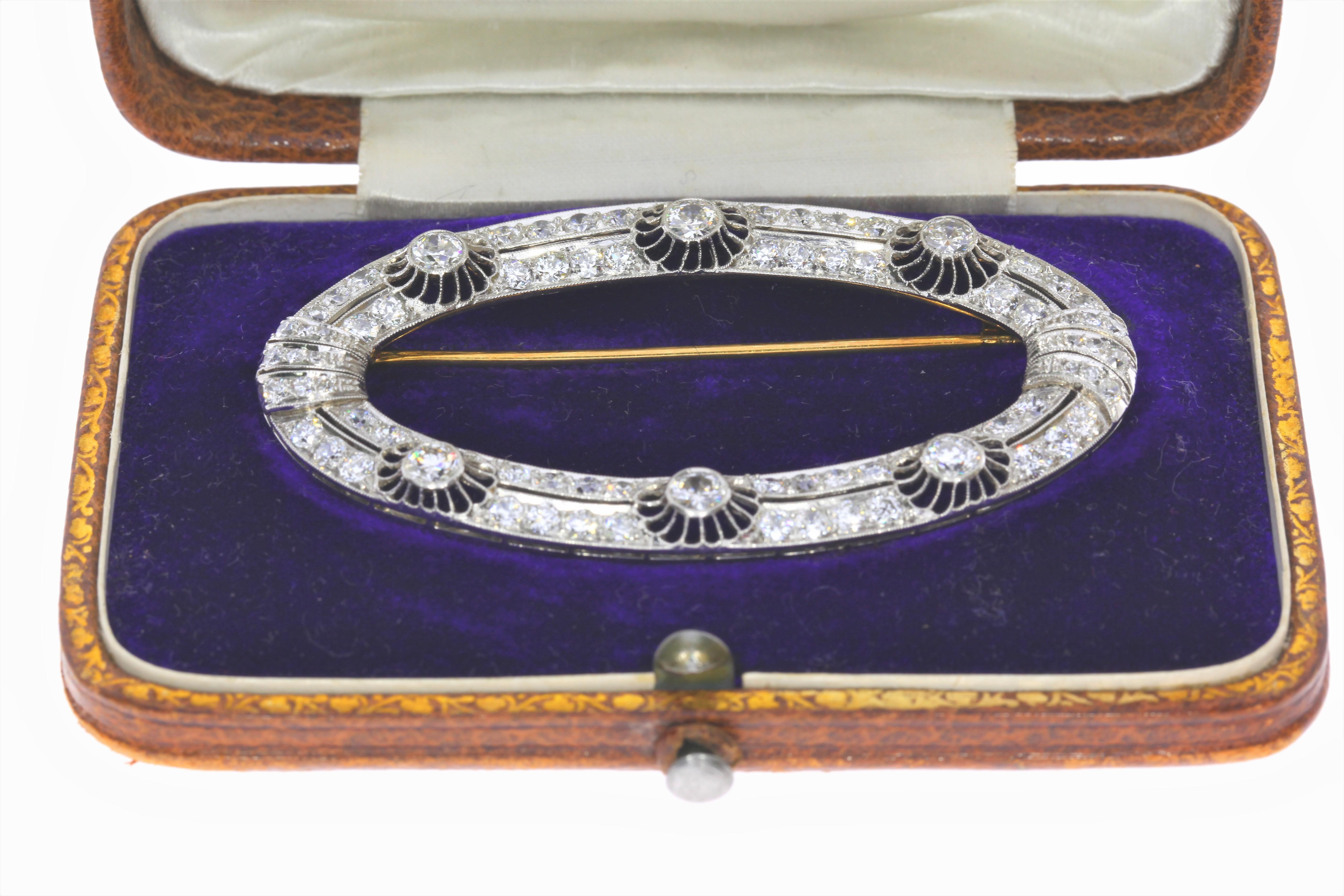 Art Nouveau Oval Diamond Brooch with Openwork Design in Fitted Case For Sale