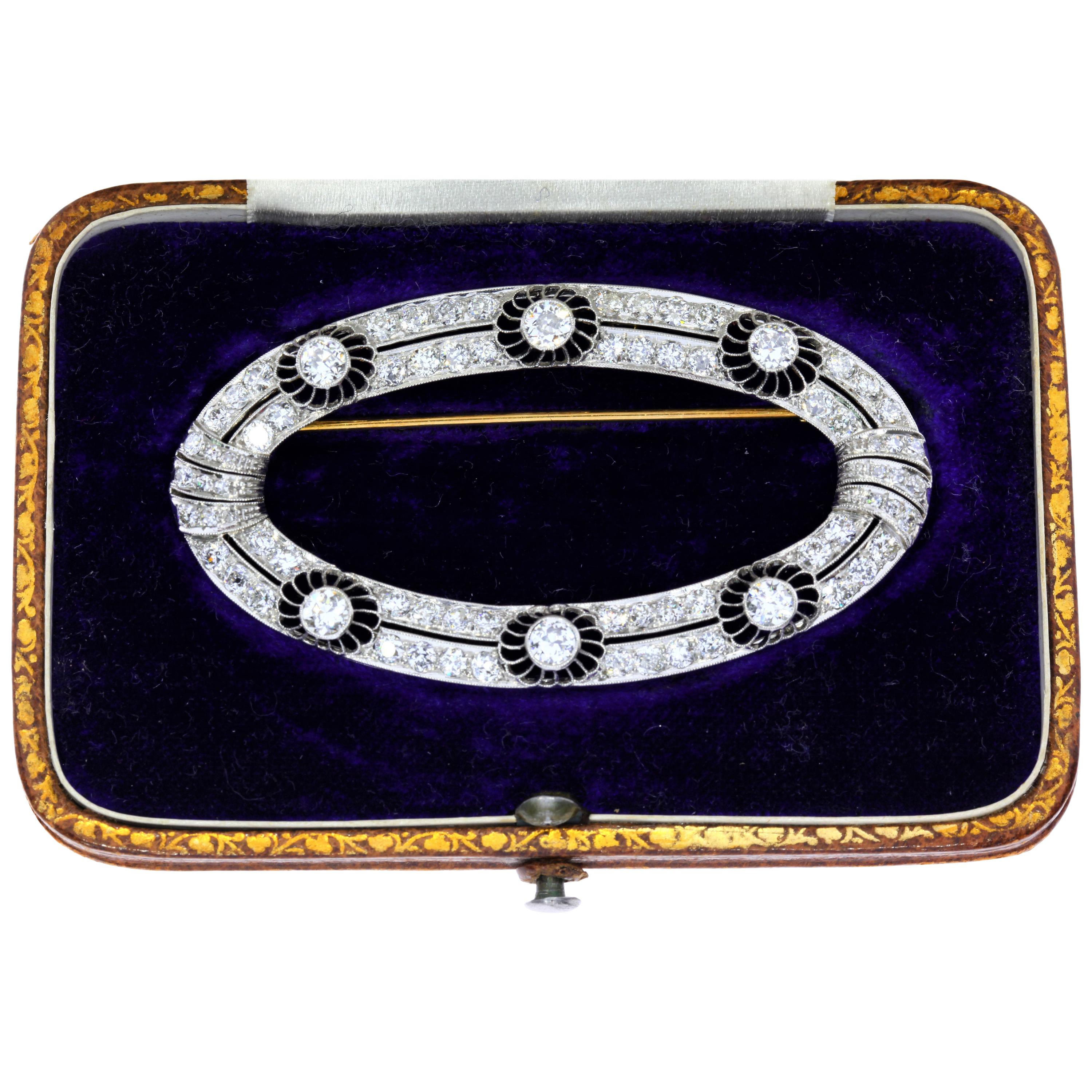 Oval Diamond Brooch with Openwork Design in Fitted Case For Sale