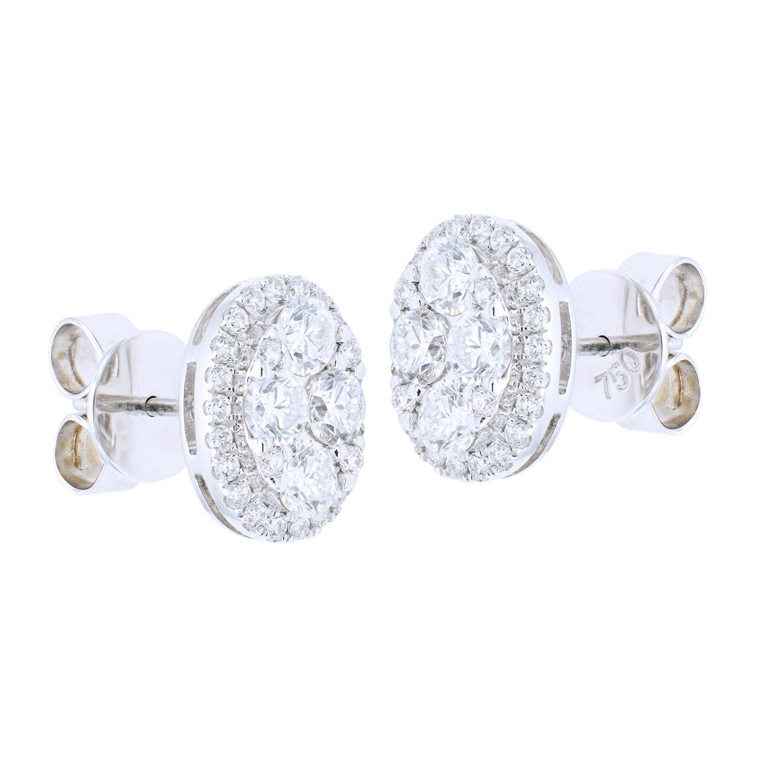 Contemporary Oval Diamond Cluster Earrings with Diamond Halo For Sale