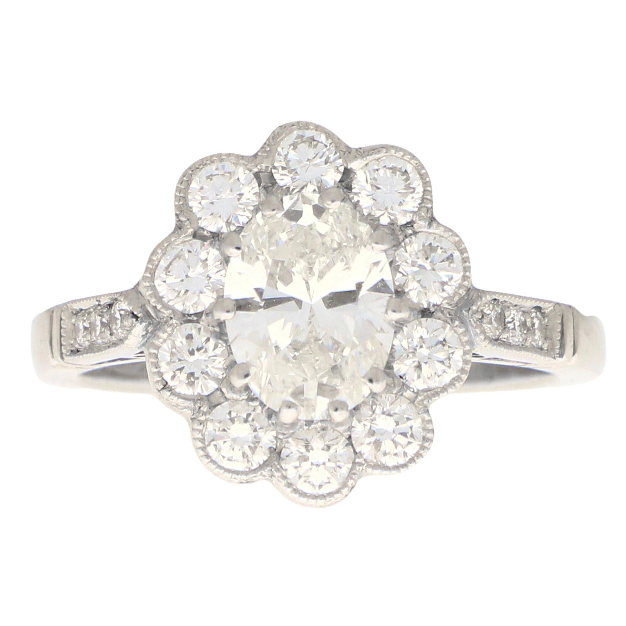 Oval Diamond Cluster Halo Engagement Ring Set in Platinum