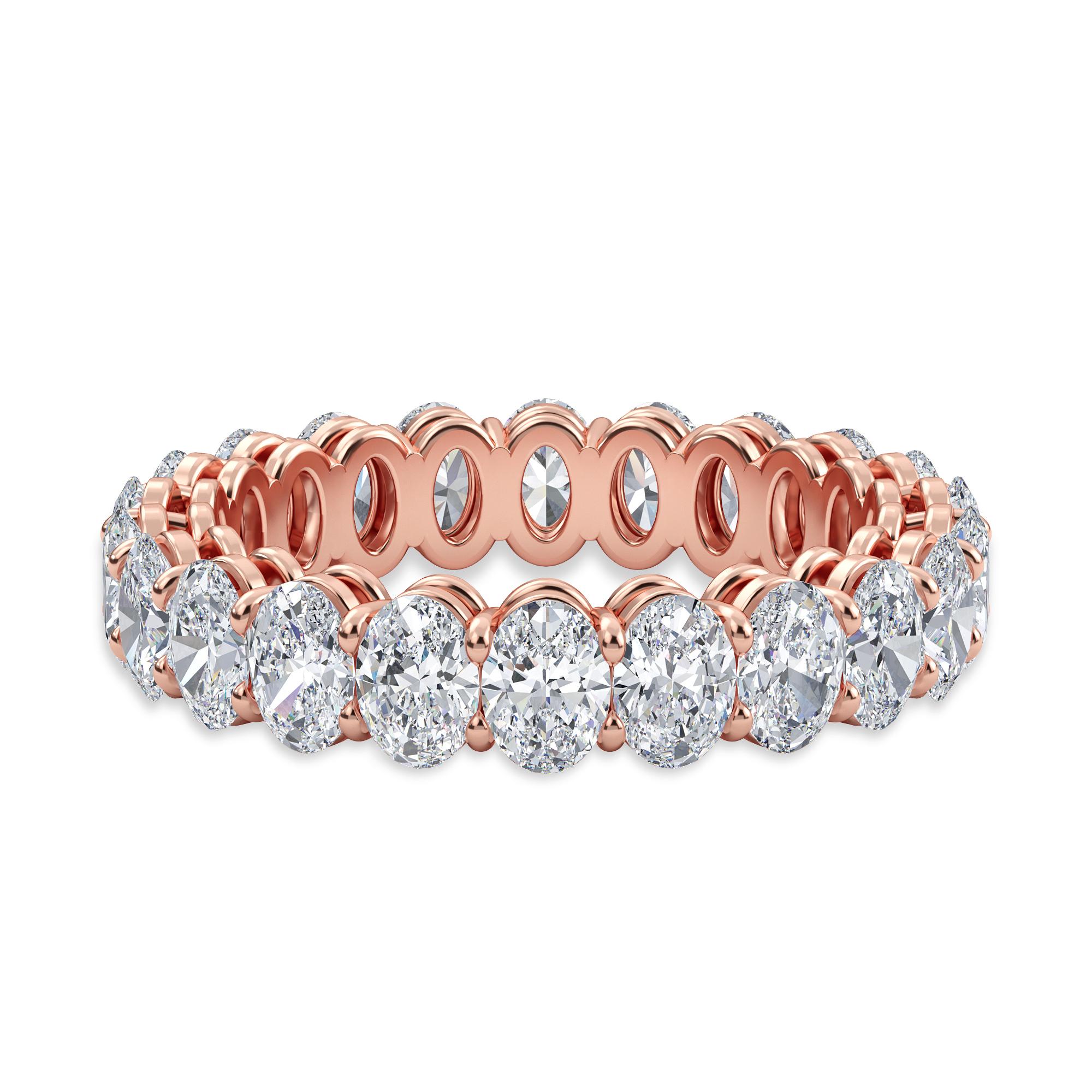 This Oval Diamond Eternity Band features 22 Oval Diamonds and weighs 3.50 Total Carat Weight. These diamonds are F Color, VS-SI Clarity, and are set in a 18K Rose Gold setting in a finger size 6.5. 