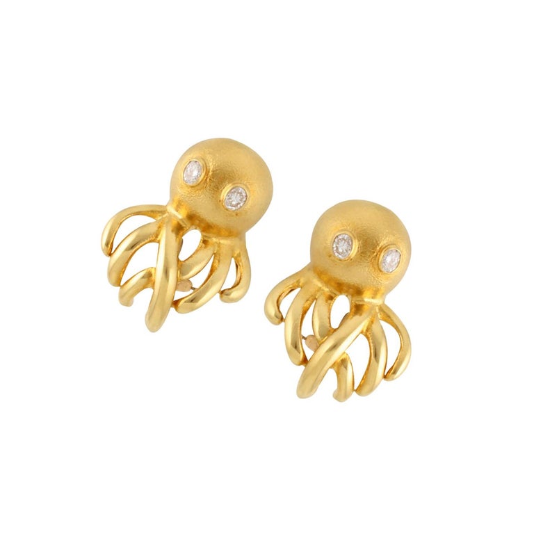 Oval Diamond Eyes 18k Gold Octopus Earrings by John Landrum Bryant For