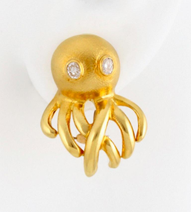 Contemporary Oval Diamond Eyes 18k Gold Octopus Earrings by John Landrum Bryant For Sale