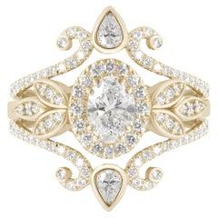 Oval Diamond Floral Engagement Three Rings Set - Minimal Lily & Ariana