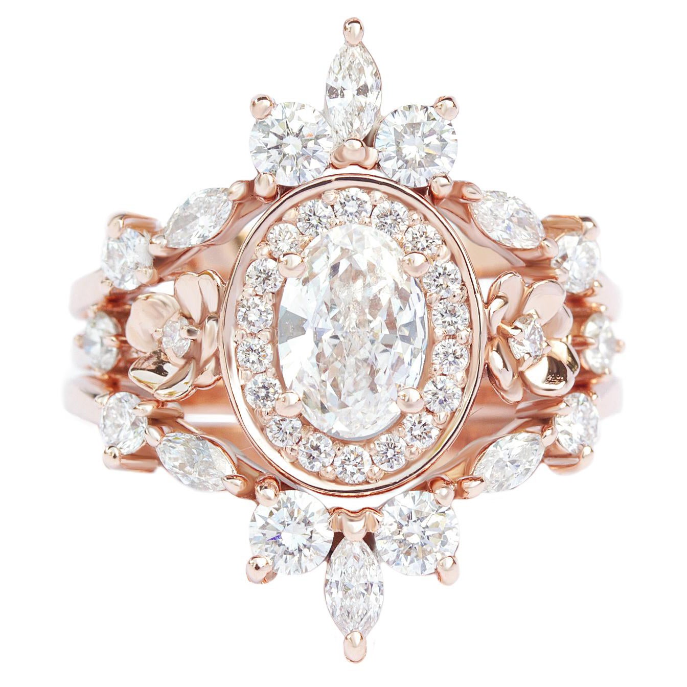 Oval Diamond Floral Ring "Antheia" 
Two "Iceland" Sidebands For Sale