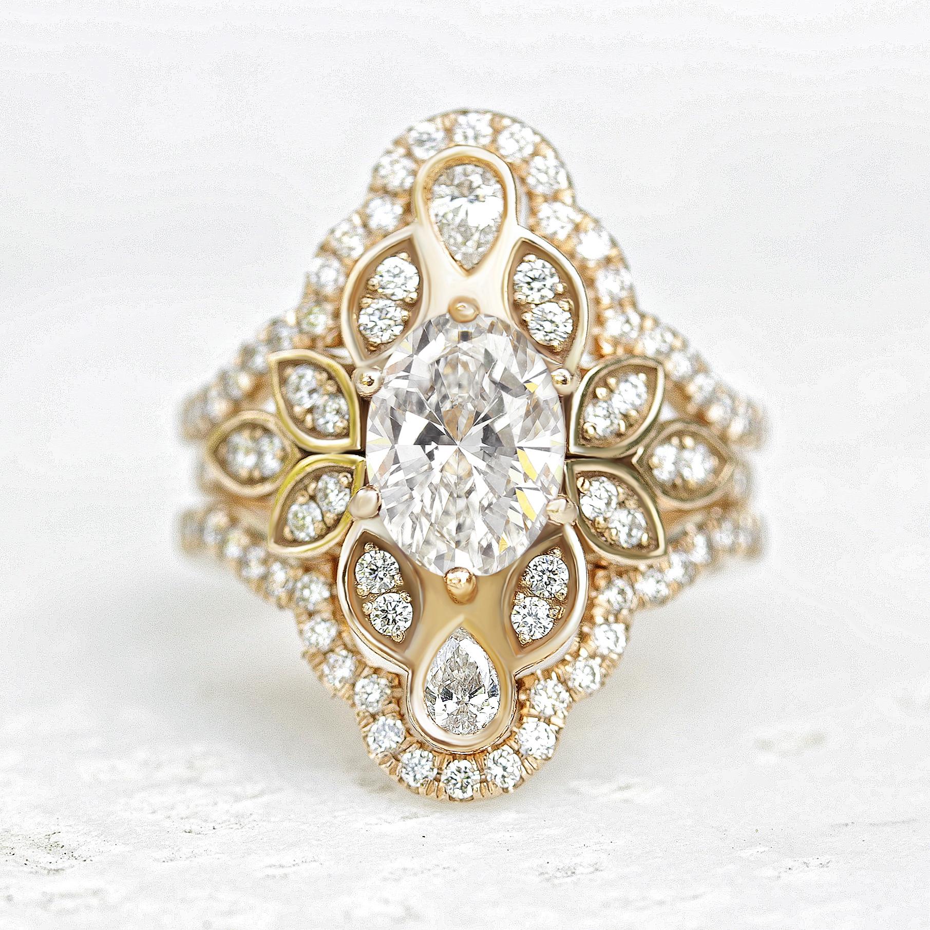 Art déco Bague de fiançailles à fleur en diamant ovale avec anneau de garde en diamants pavés Lily n° 4 en vente