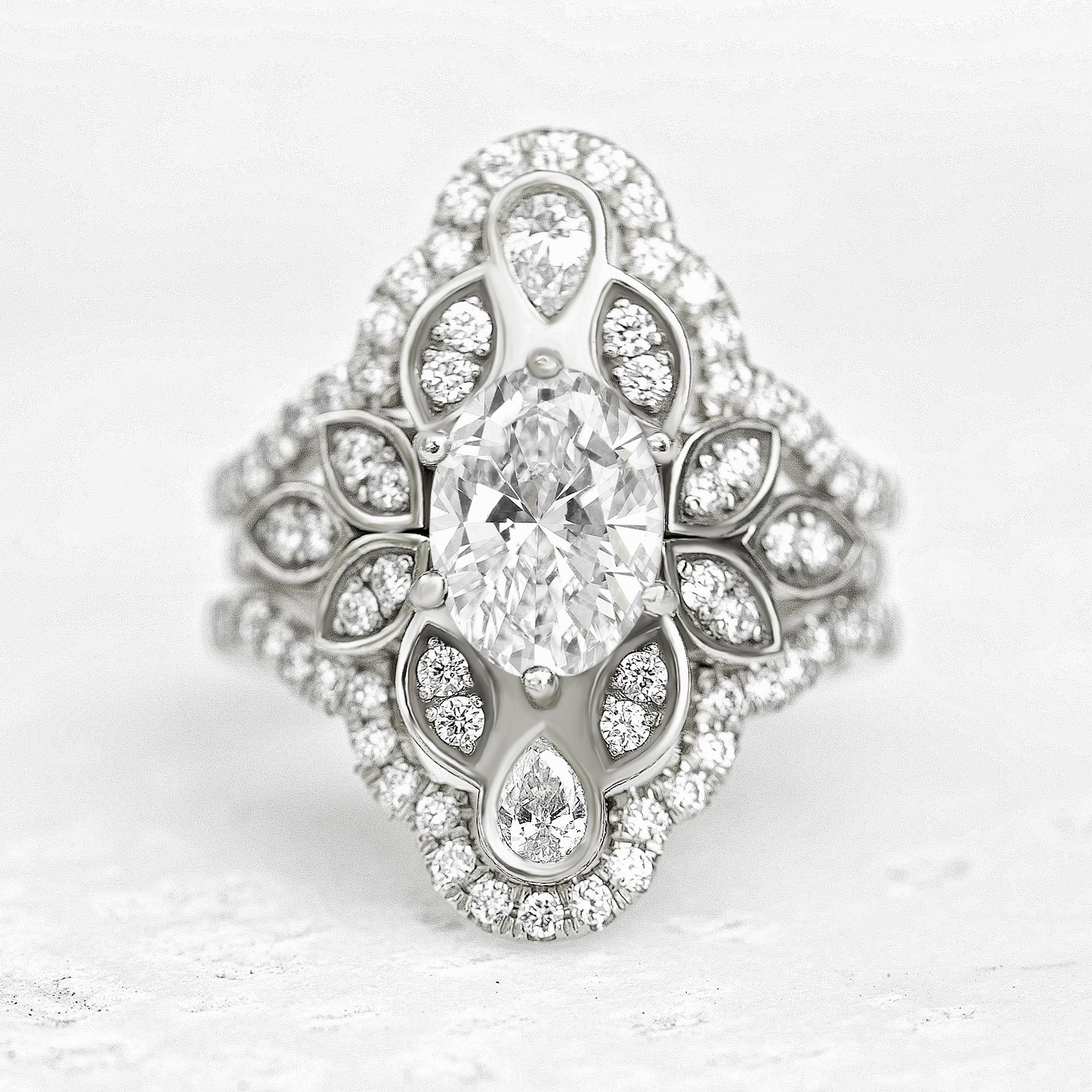 Art Deco Oval Diamond Flower Engagement Ring With Pave Diamond Ring Guard Lily #4 For Sale