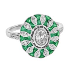 Oval Diamond & Green Emerald Art Deco Style Floral Engagement White Gold Ring