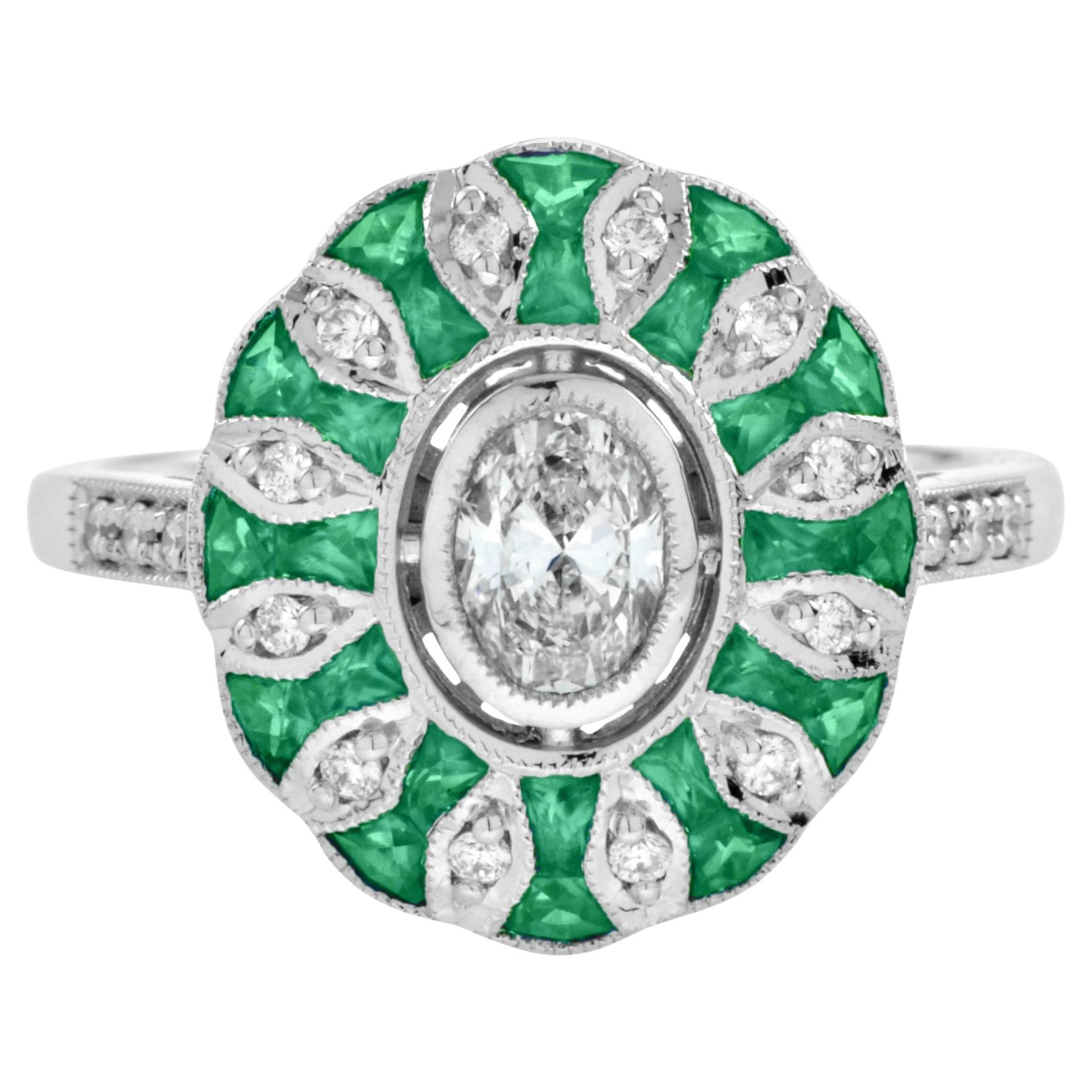 Ovaler Diamant & grüner Smaragd Art Deco Stil Blumen Verlobungsring Weißgold