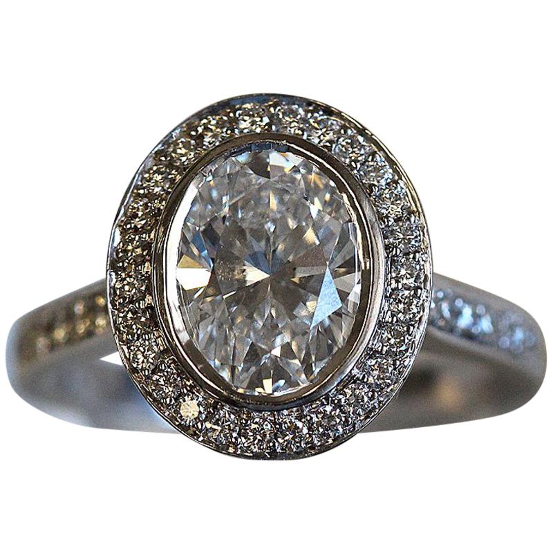 Oval Diamond Halo Engagement Ring, 2.4 Carat TW For Sale