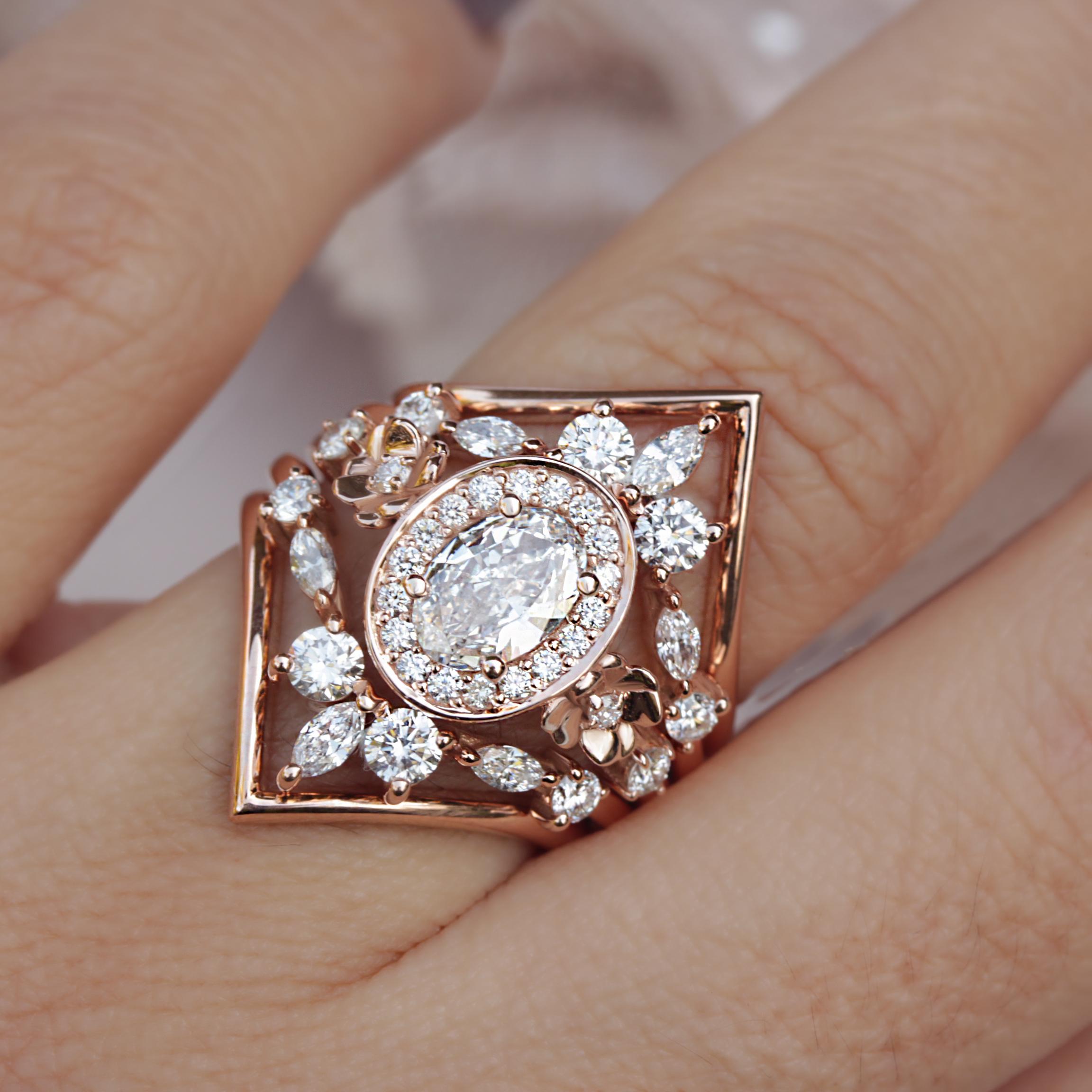 Contemporary Oval Diamond Halo Floral Ring 