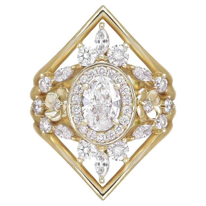 Bague à fleurs en halo de diamants ovales "Antheia" et ses anneaux latéraux, ensemble unique de cinq anneaux