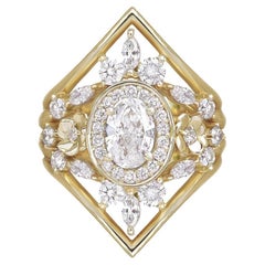 Bague à fleurs en halo de diamants ovales "Antheia" et ses anneaux latéraux, ensemble unique de cinq anneaux