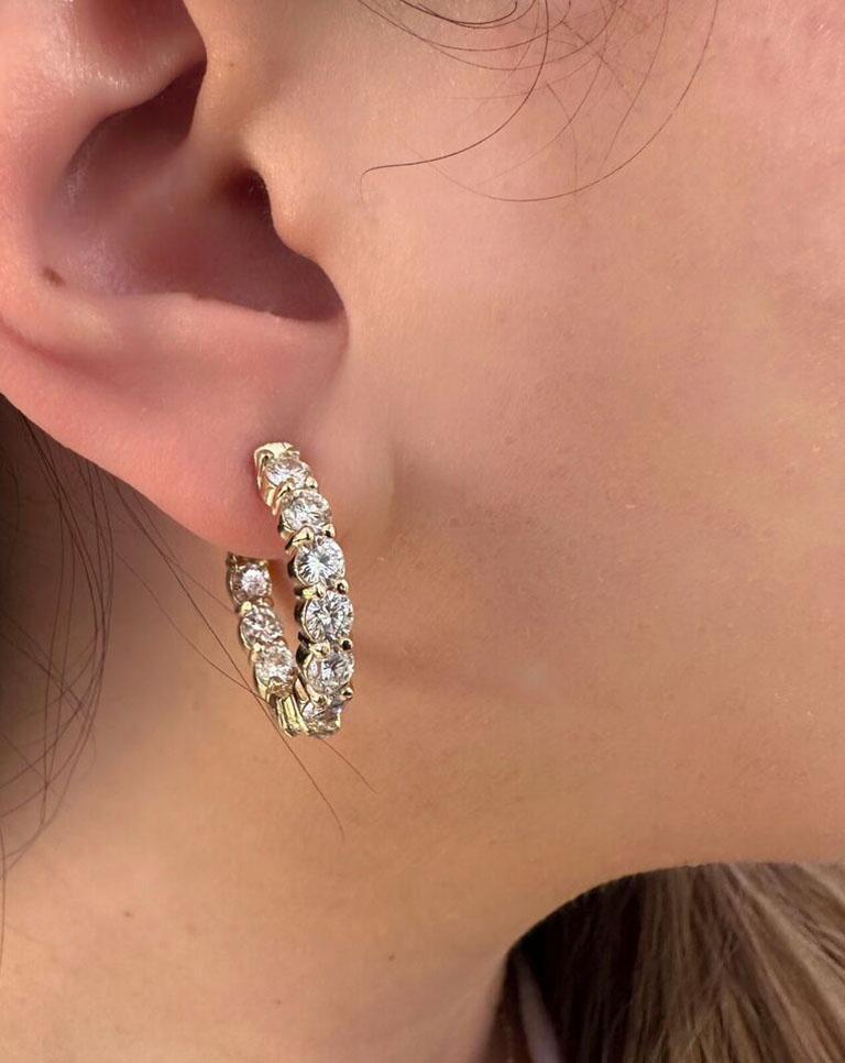 Women's Oval Diamond Hoop Inside Out Earrings 3.73 Carat Total Weight 14k Yellow Gold For Sale