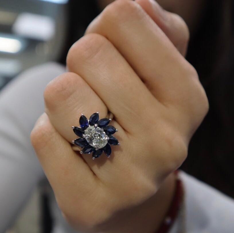 Modern Oval Diamond Marquise Sapphires Halo Diamond Engagement Ring 18K White Gold