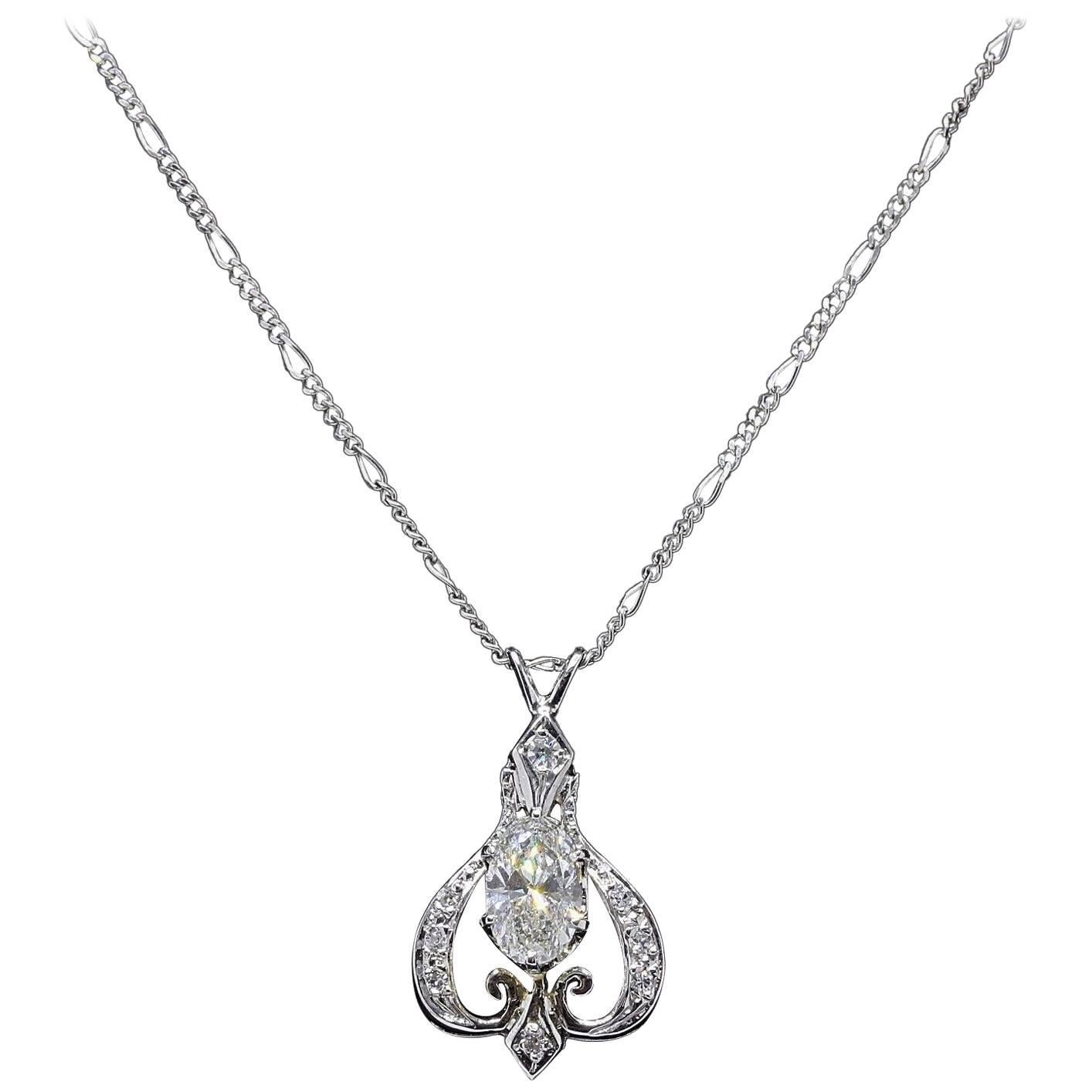 Oval Diamond Pendant Necklace 1.25 Carat 14 Karat White Gold