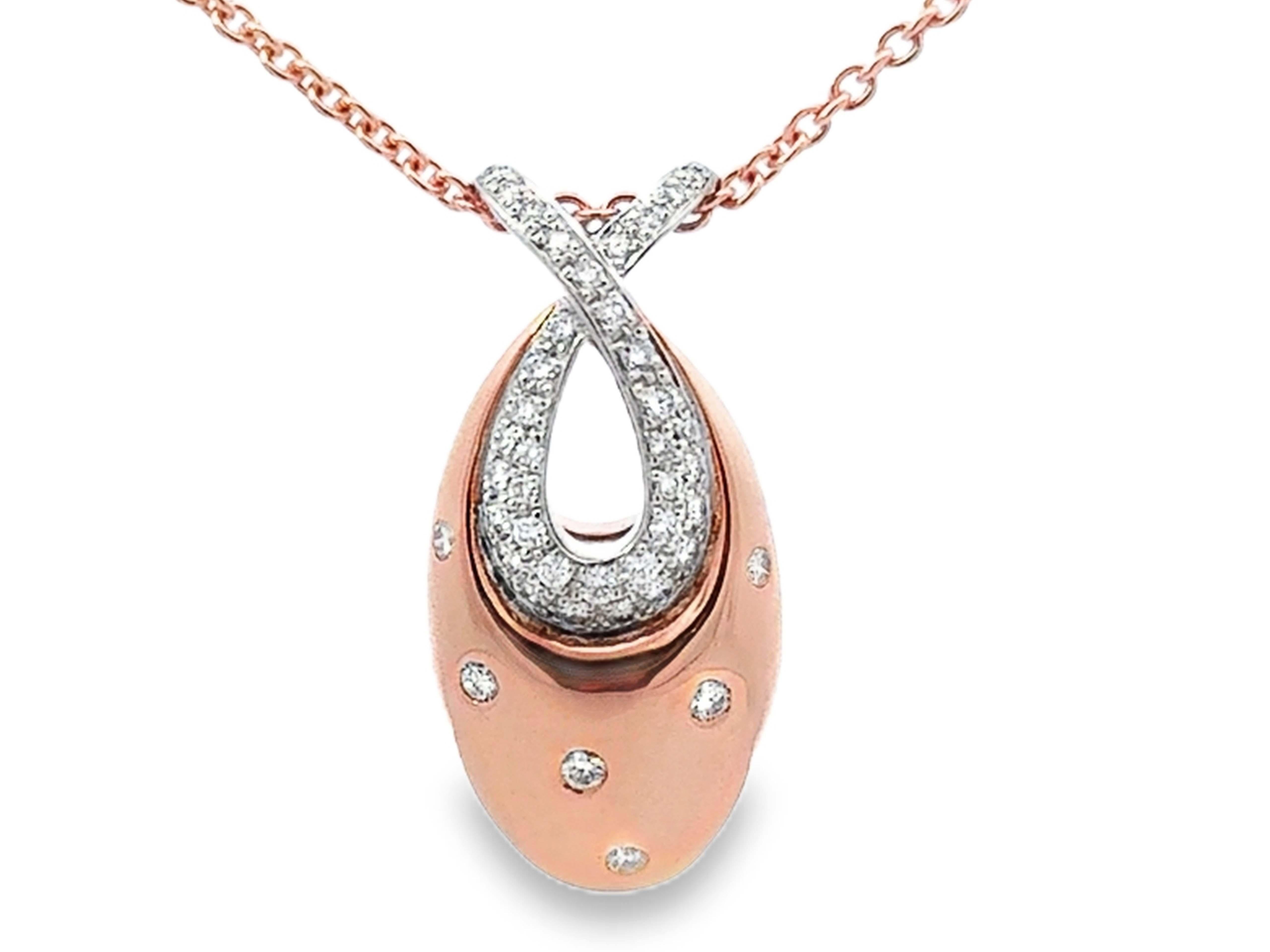 Oval Diamond Pendant Necklace 18k Rose Gold and Platinum Criss Cross Bail