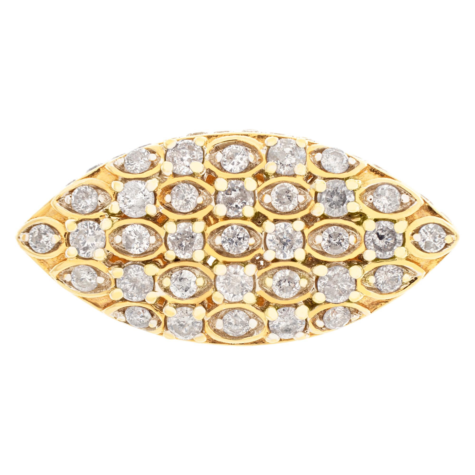 Oval Diamond ring in 14k yellow gold with approximately  0.93 carats in pave set diamonds. Size 7.This Diamond ring is currently size 7 and some items can be sized up or down, please ask! It weighs 3.5 pennyweights and is 14k.
