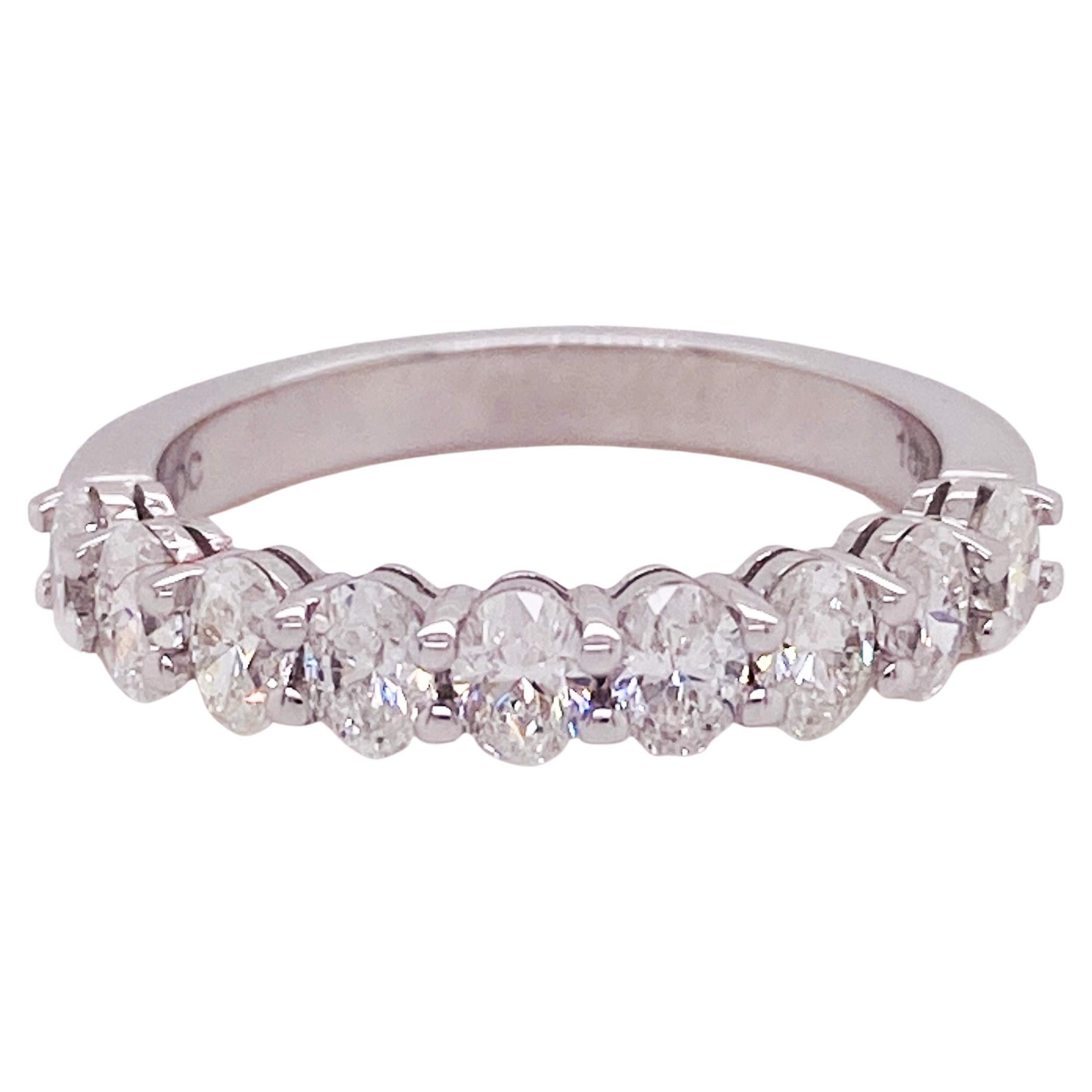 Oval Diamond Ring w Half Eternity Band in 18K White Gold w 1.40 Carat Total Wt For Sale