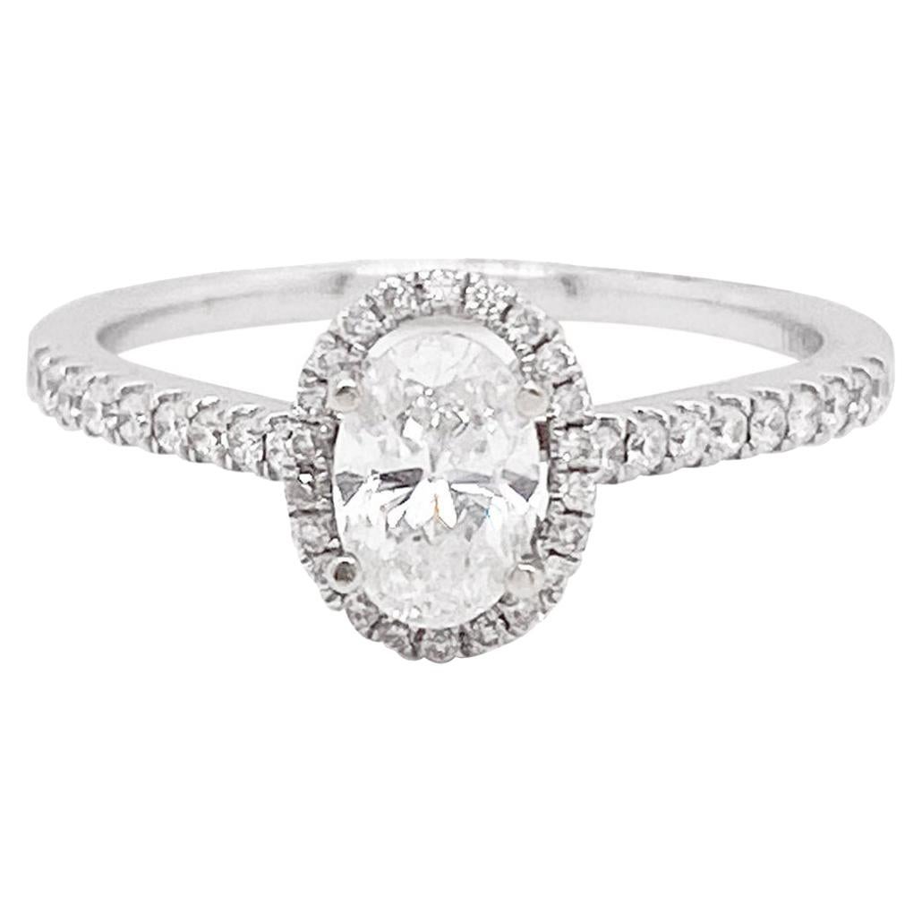 Oval Diamond Ring, White Gold, .72 Carat Diamond Oval Halo Engagement Ring
