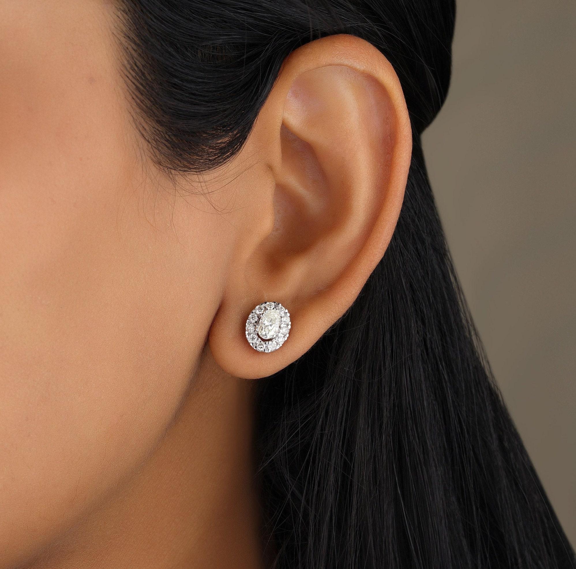 Pendientes de diamantes ovalados con halos en oro macizo de 14 quilates (certificado) Art Decó en venta