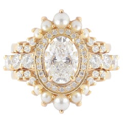 Oval Diamond Unique Engagement Ring Pearl Nesting Band Wedding Three Ring Set
