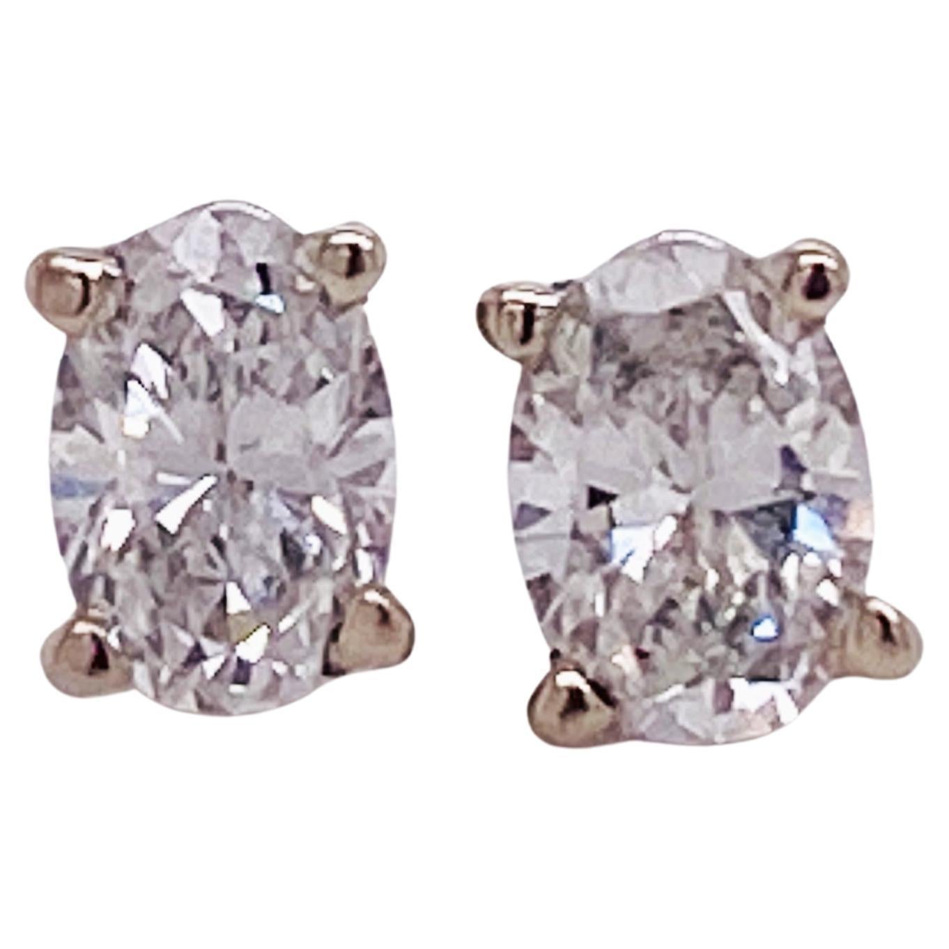 Oval Diamonds .50 Carats Stud Pair in 14K White Gold 1/2 Carat Total Lv