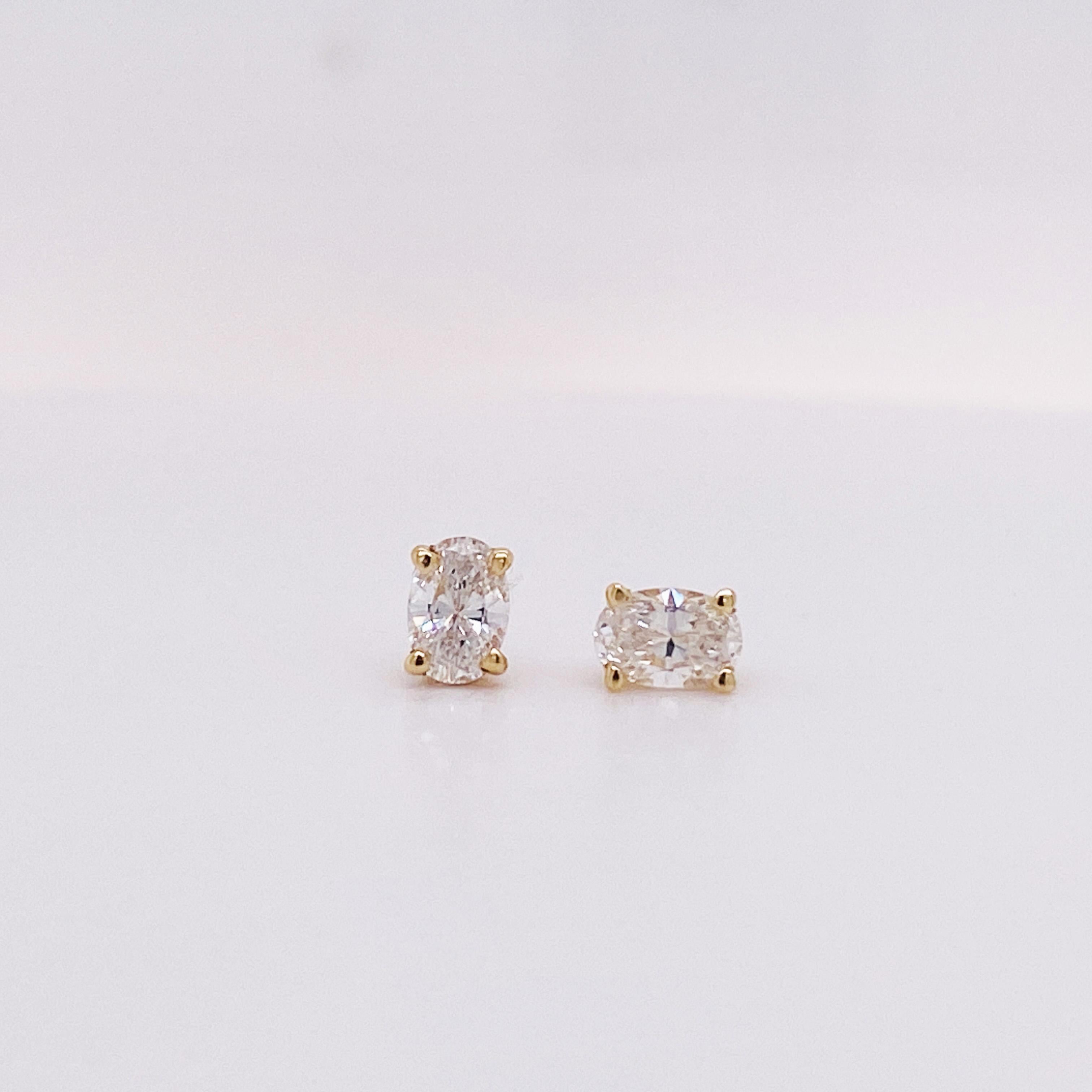 Oval Cut Oval Diamonds .50 Carats Stud Pair in 14K Yellow Gold 1/2 Carat Total Lv For Sale