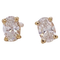 Oval Diamonds .50 Carats Stud Pair in 14K Yellow Gold 1/2 Carat Total Lv