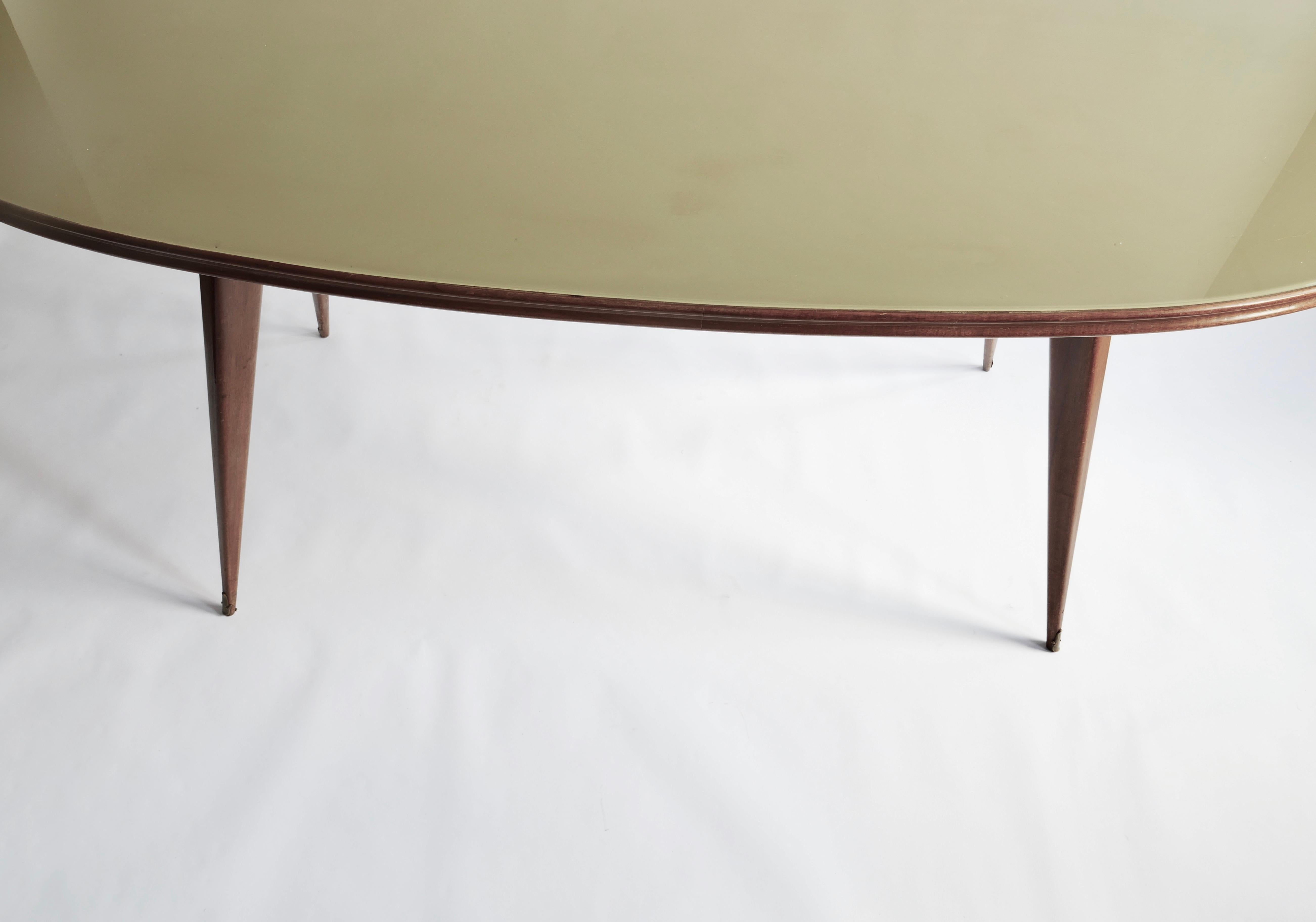Mid-20th Century Oval Dining/Console Table with Wood Legs and Green Glass Top, Italy, 1960s