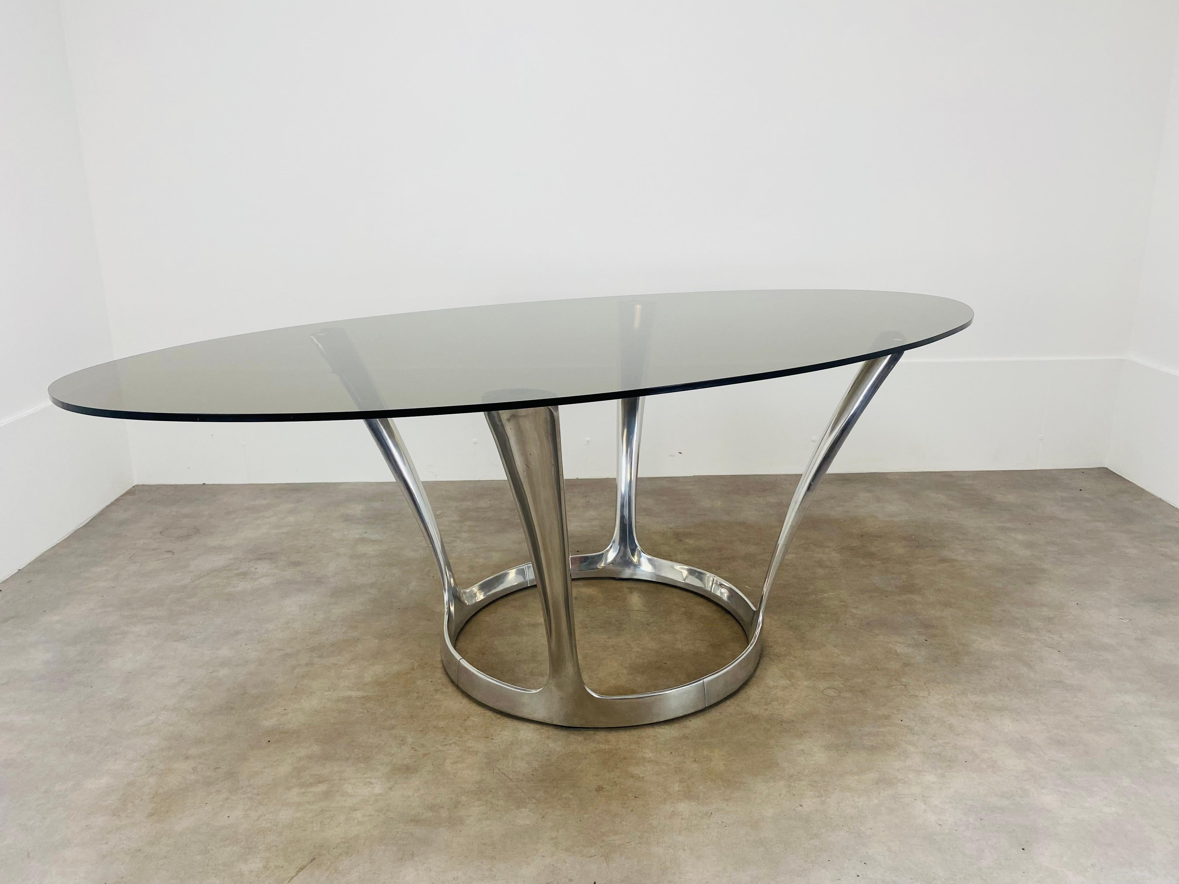 Oval dining room table by Michel Charron, glass and aluminium  For Sale 3