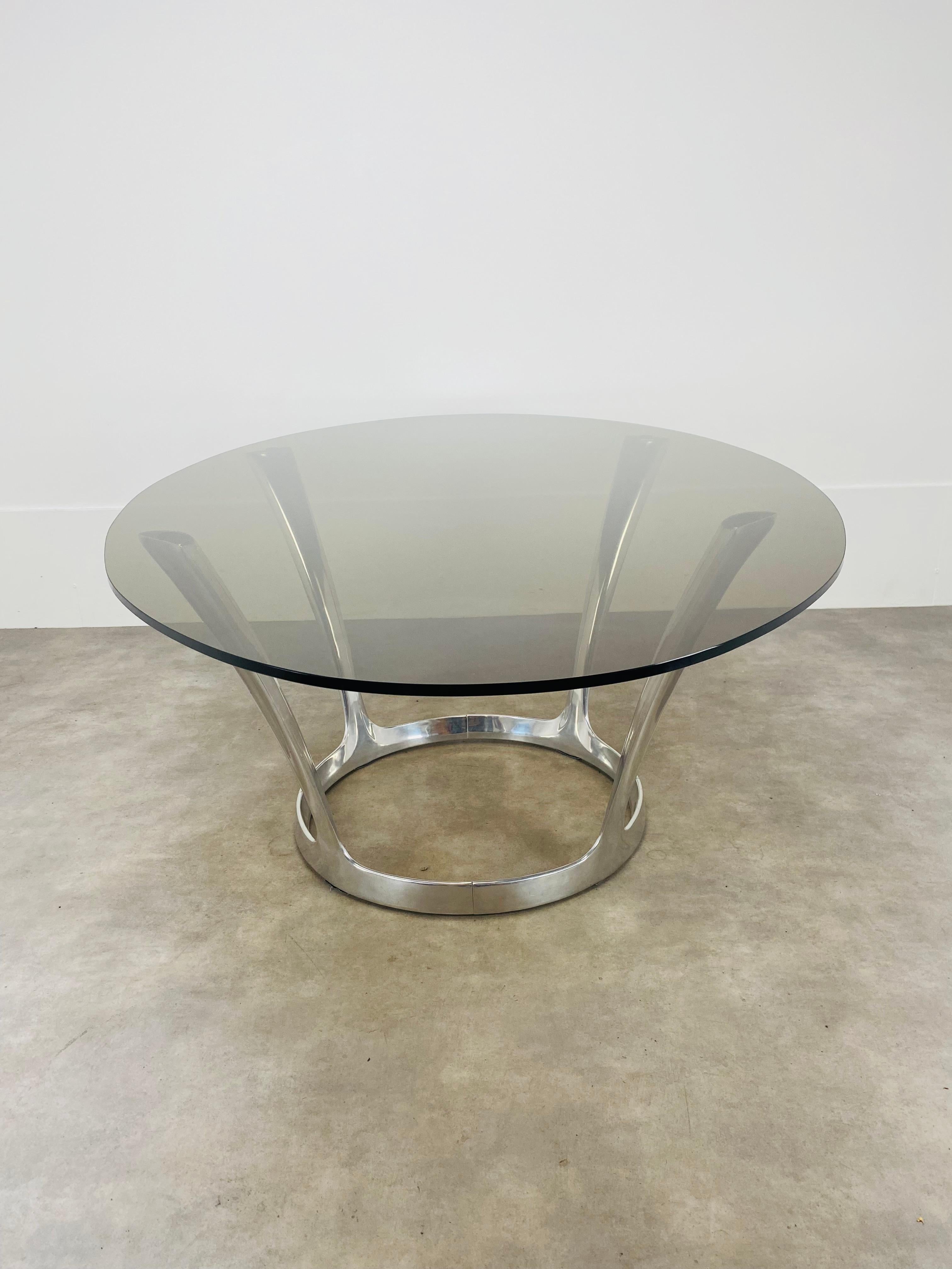 Oval dining room table by Michel Charron, glass and aluminium  For Sale 6