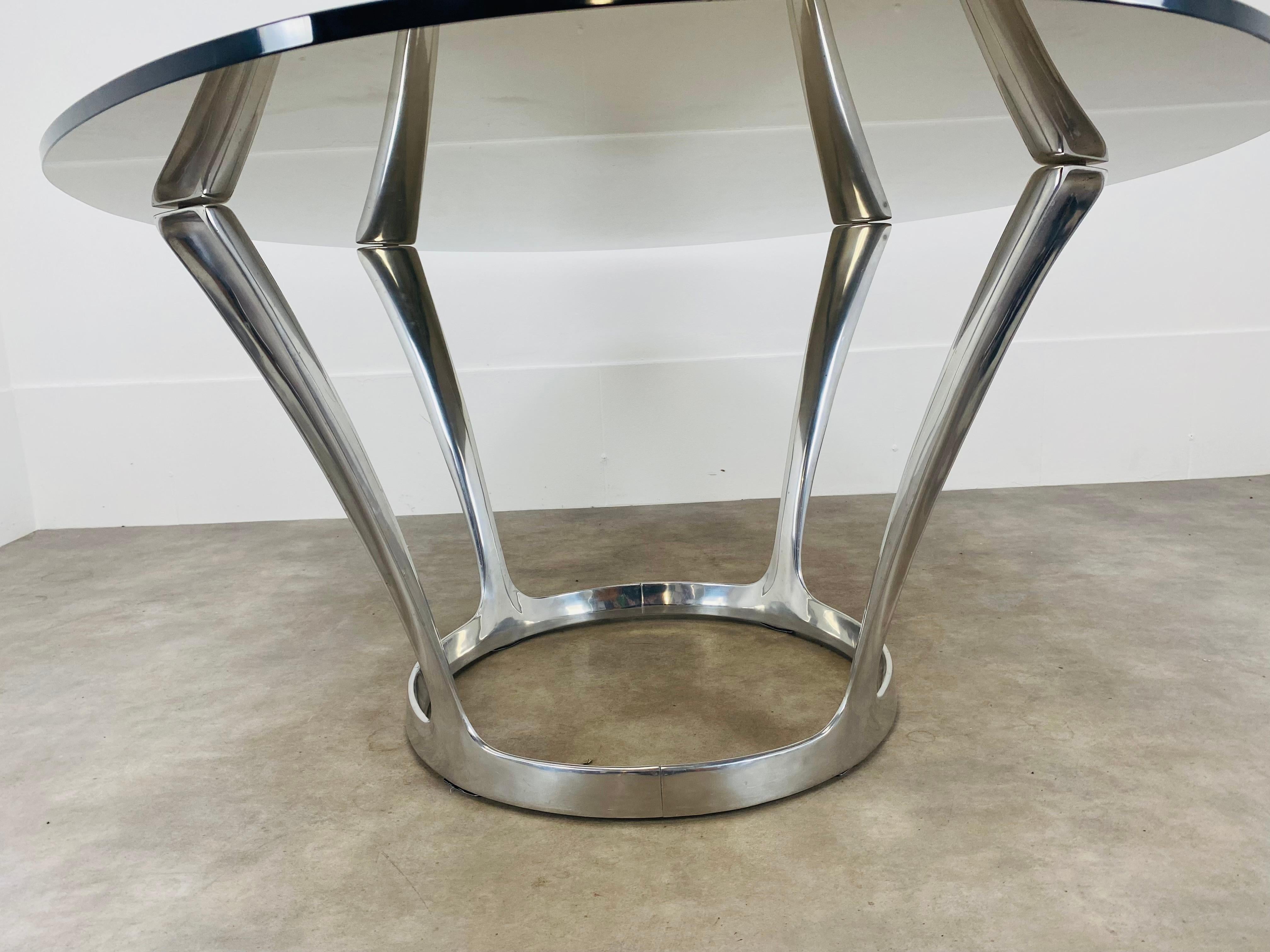 Oval dining room table by Michel Charron, glass and aluminium  For Sale 7