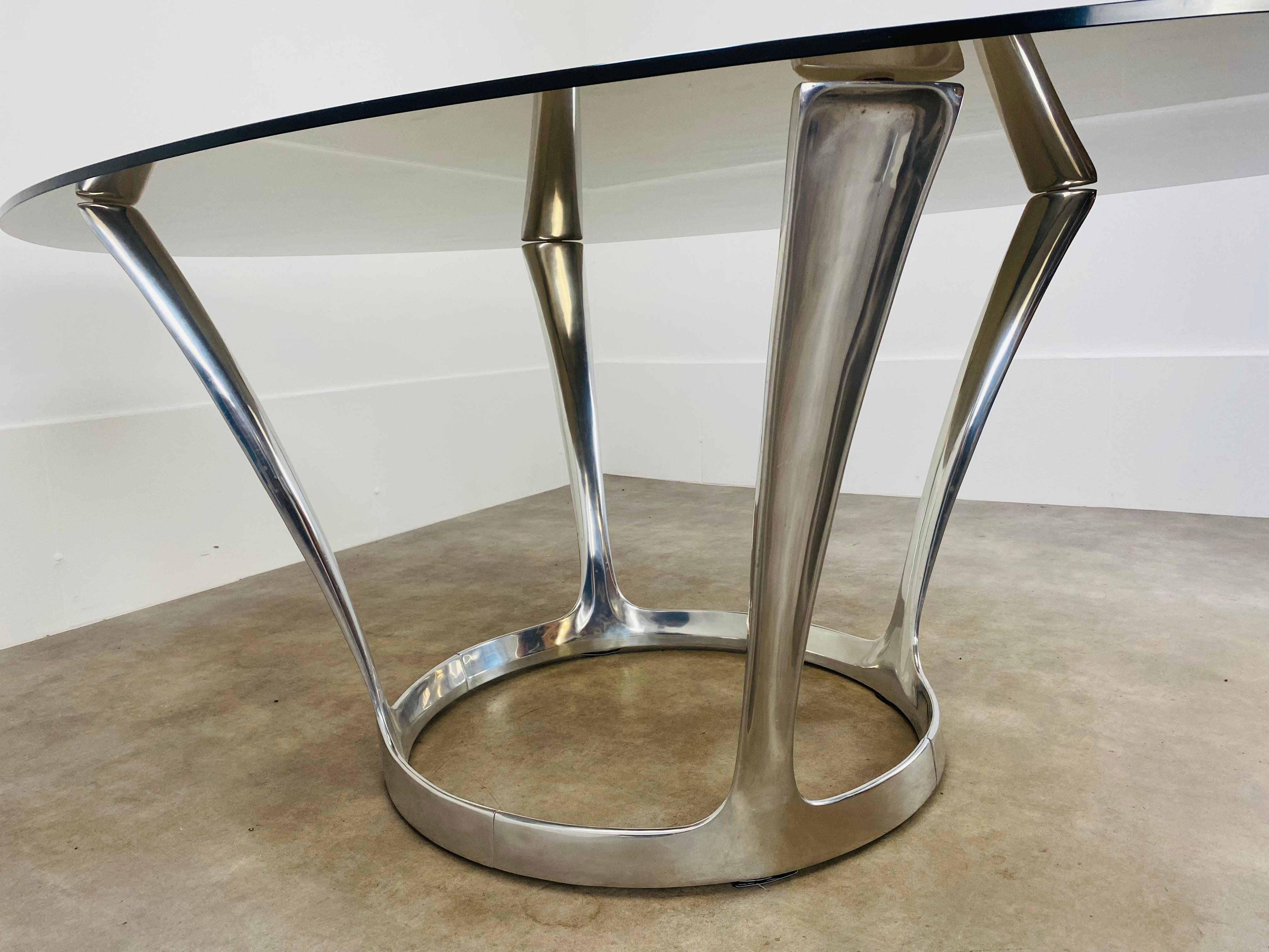 Oval dining room table by Michel Charron, glass and aluminium  For Sale 8