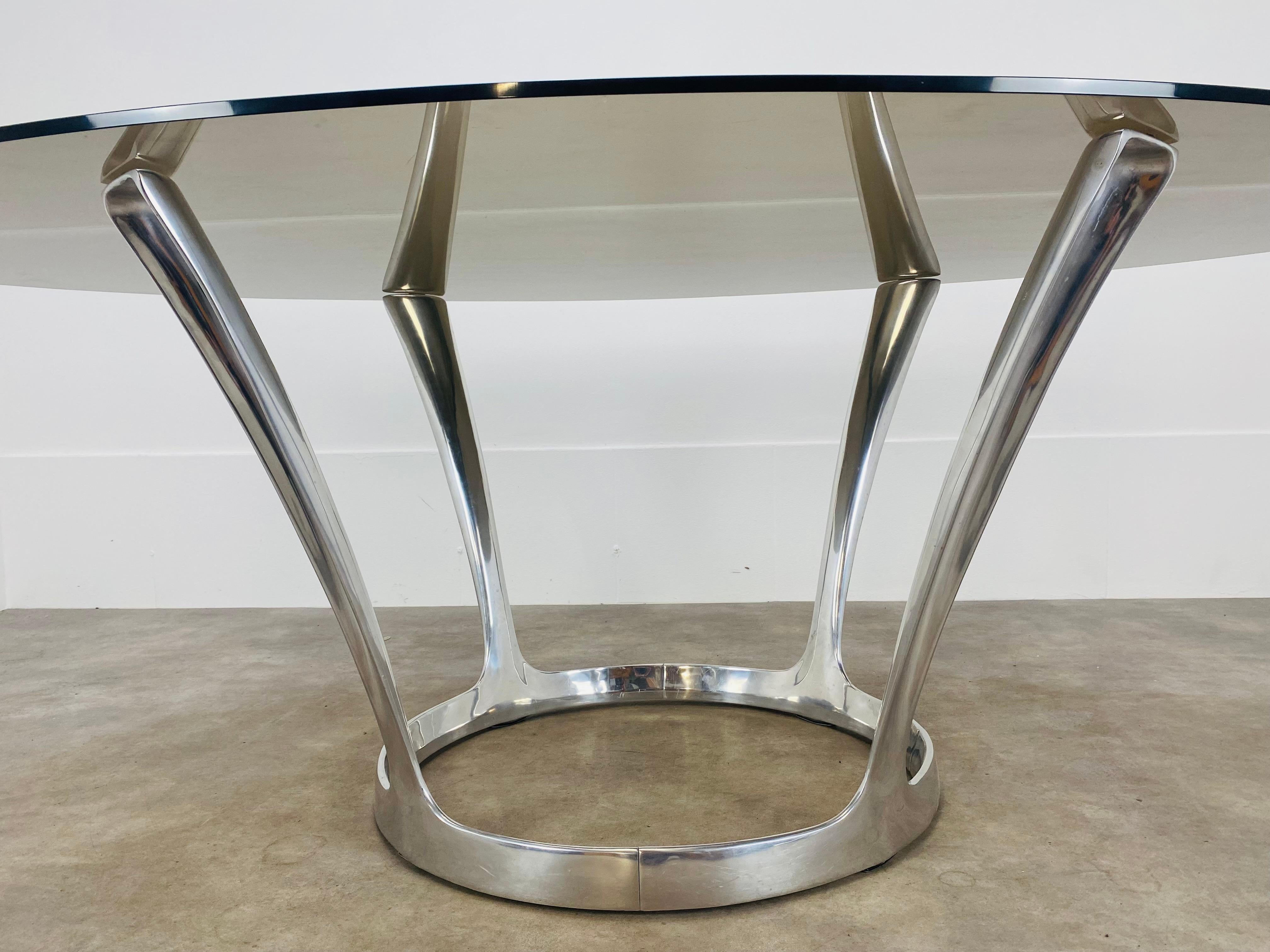 French Oval dining room table by Michel Charron, glass and aluminium  For Sale