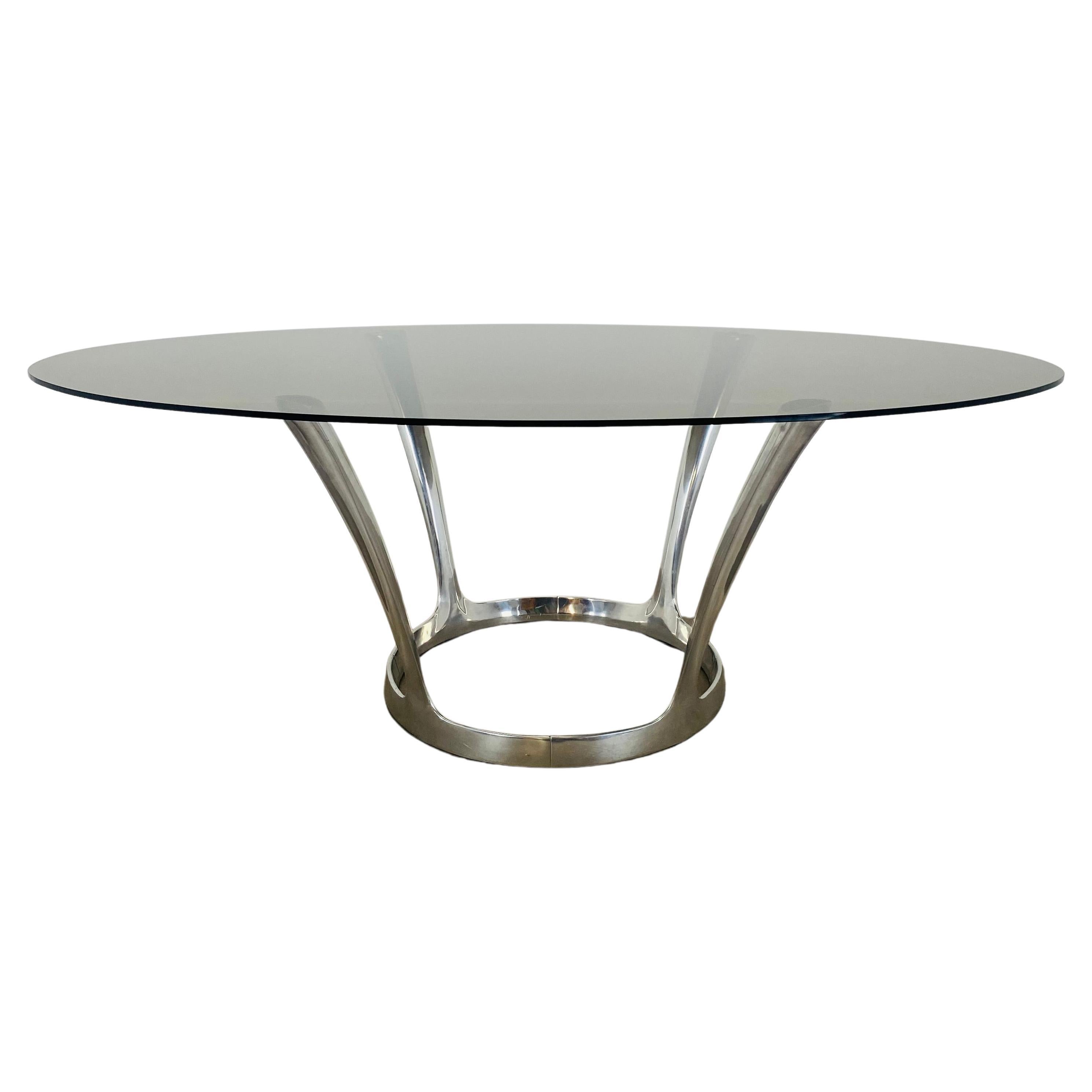 Oval dining room table by Michel Charron, glass and aluminium  For Sale