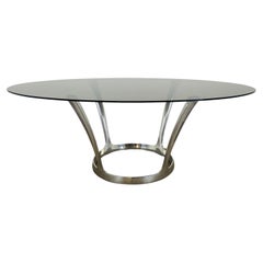 Oval dining room table by Michel Charron, glass and aluminium 