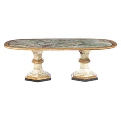Oval dining room table in black marble, agate & fossilized wood, silver inlays